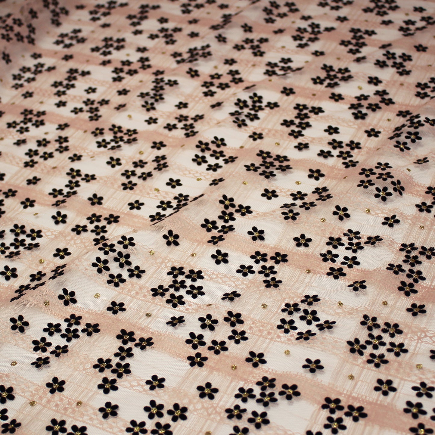 Tulle Flock Fiori con Glitter Oro e Ricamo Effetto Nastro