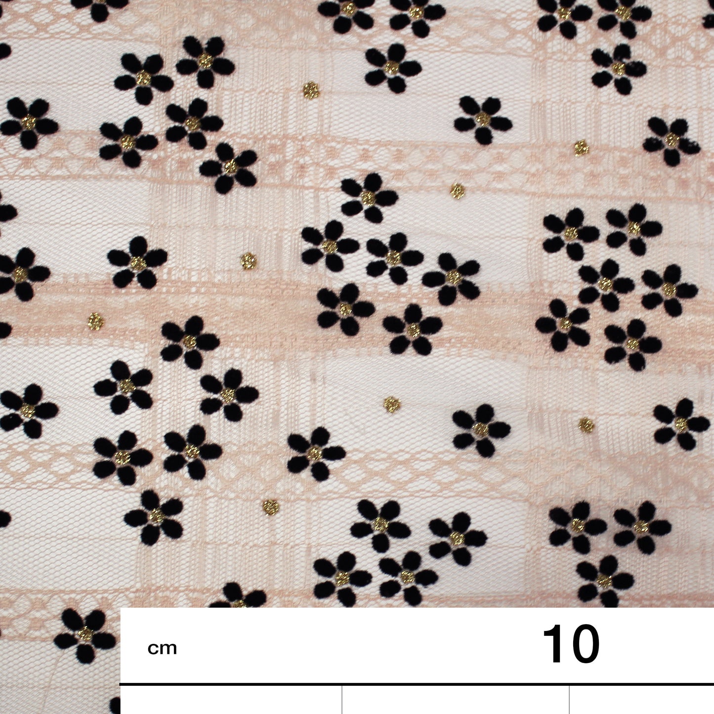 Tulle Flock Fiori con Glitter Oro e Ricamo Effetto Nastro