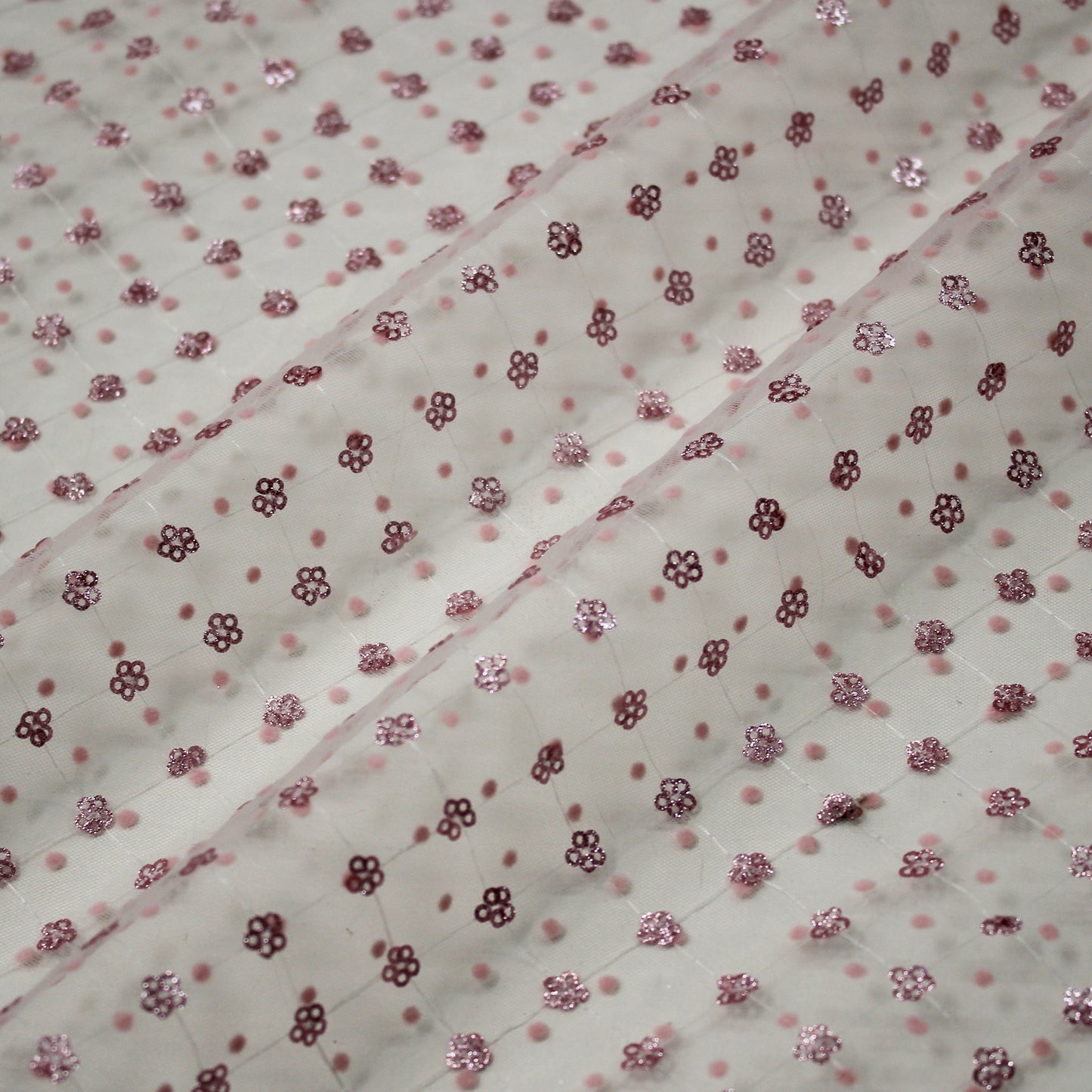 Flocked Tulle with Embroidered Polka Dots and Glitter Paillette Flowers
