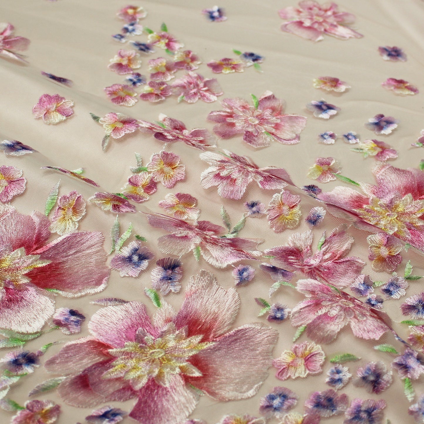 Embroidered Tulle with Printed Thread and Degradé Flowers