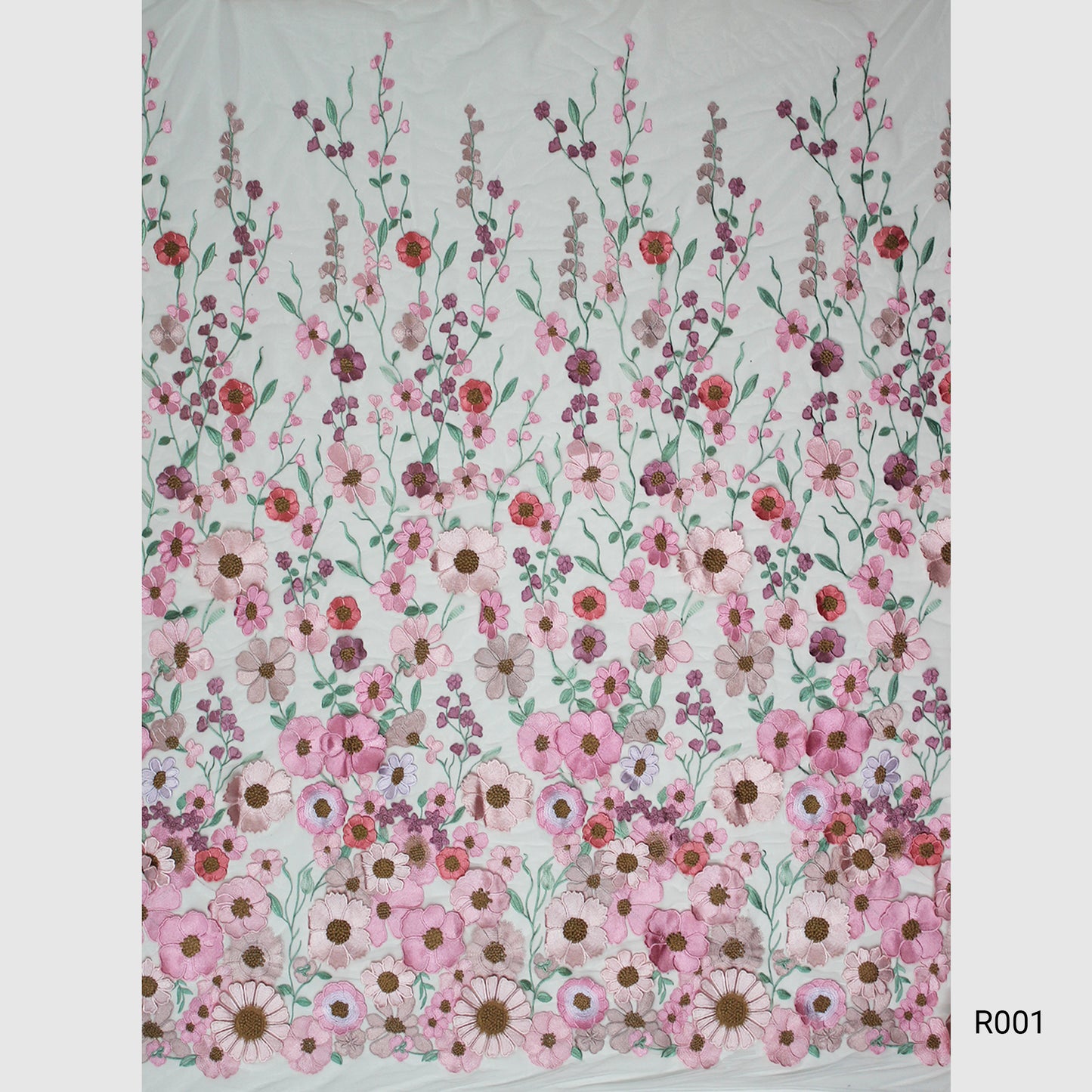 Tulle Ricamato con Fiori 3D Multiforme e Foglie