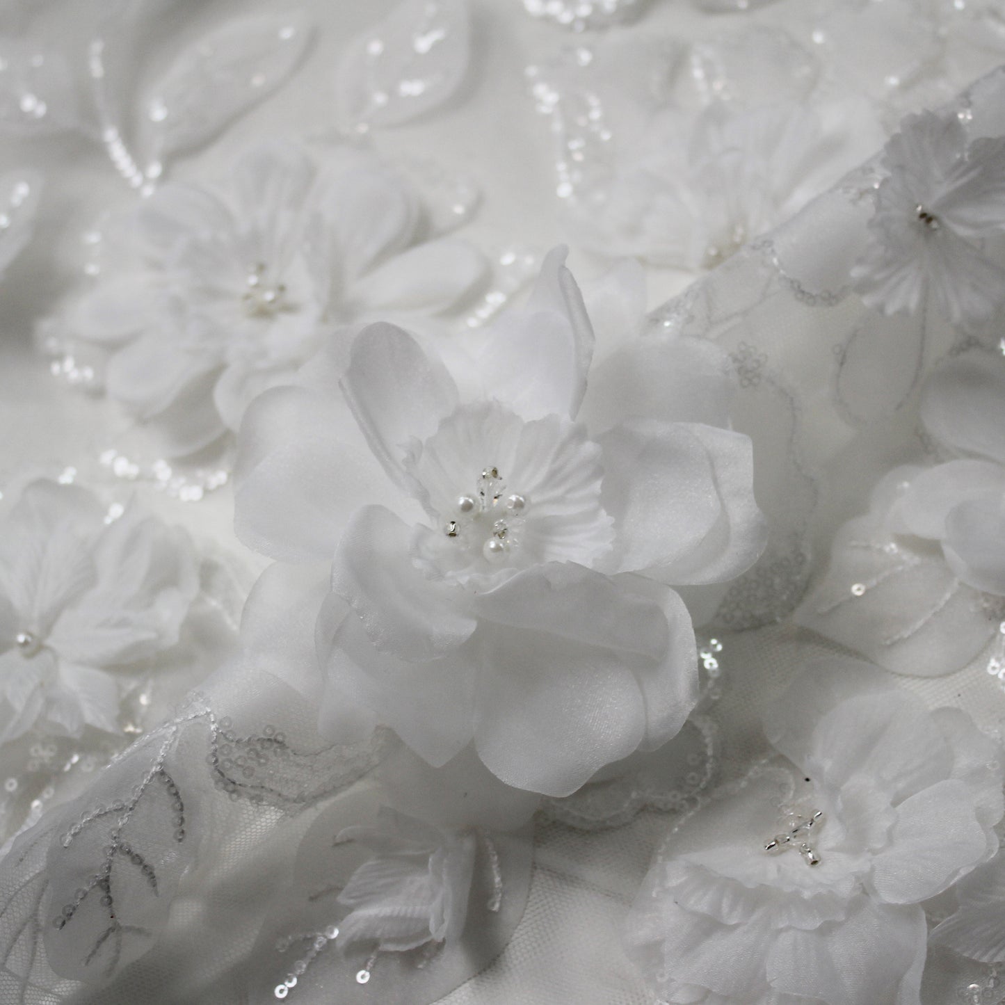 Embroidered Tulle with Organza Flowers, Beads, Corals, and Paillettes