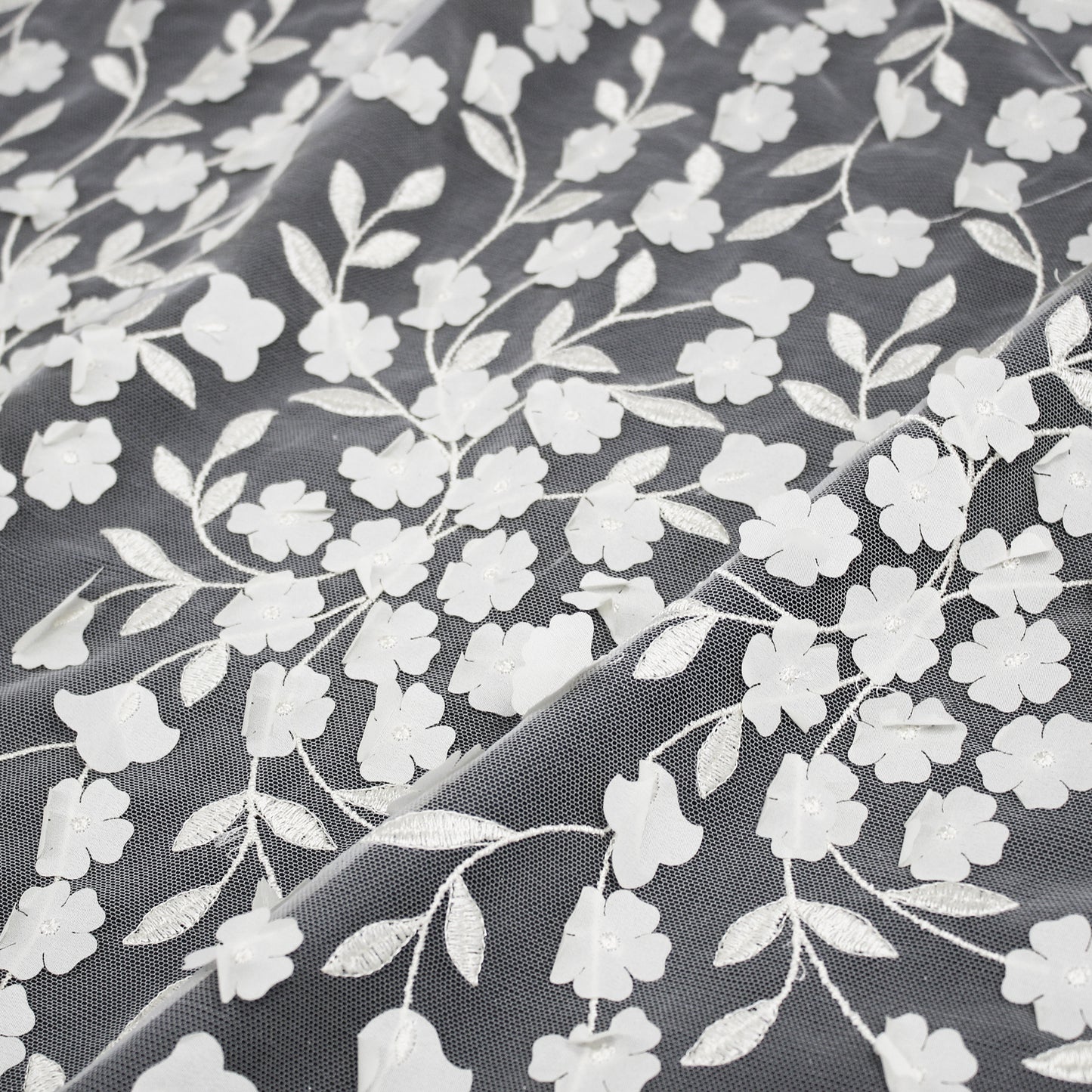 Embroidered Tulle with Raised Flowers and Embroidered Leaves