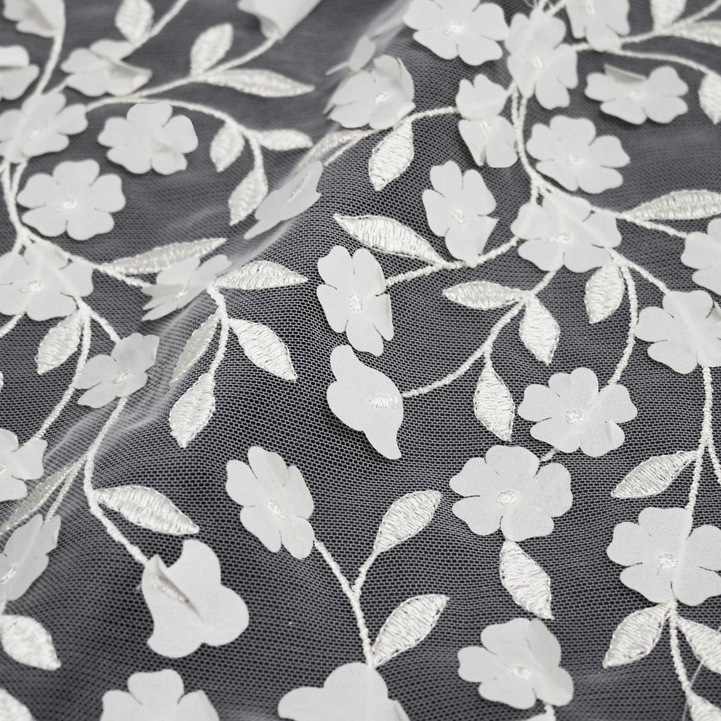 Embroidered Tulle with Raised Flowers and Embroidered Leaves