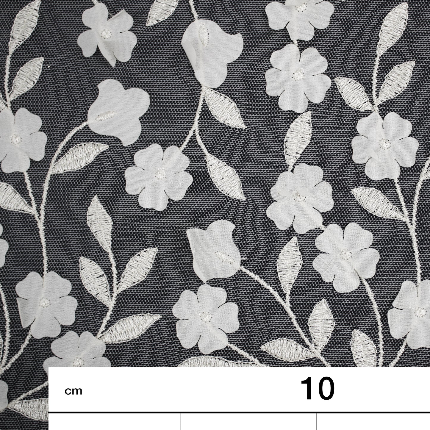 Embroidered Tulle with Raised Flowers and Embroidered Leaves