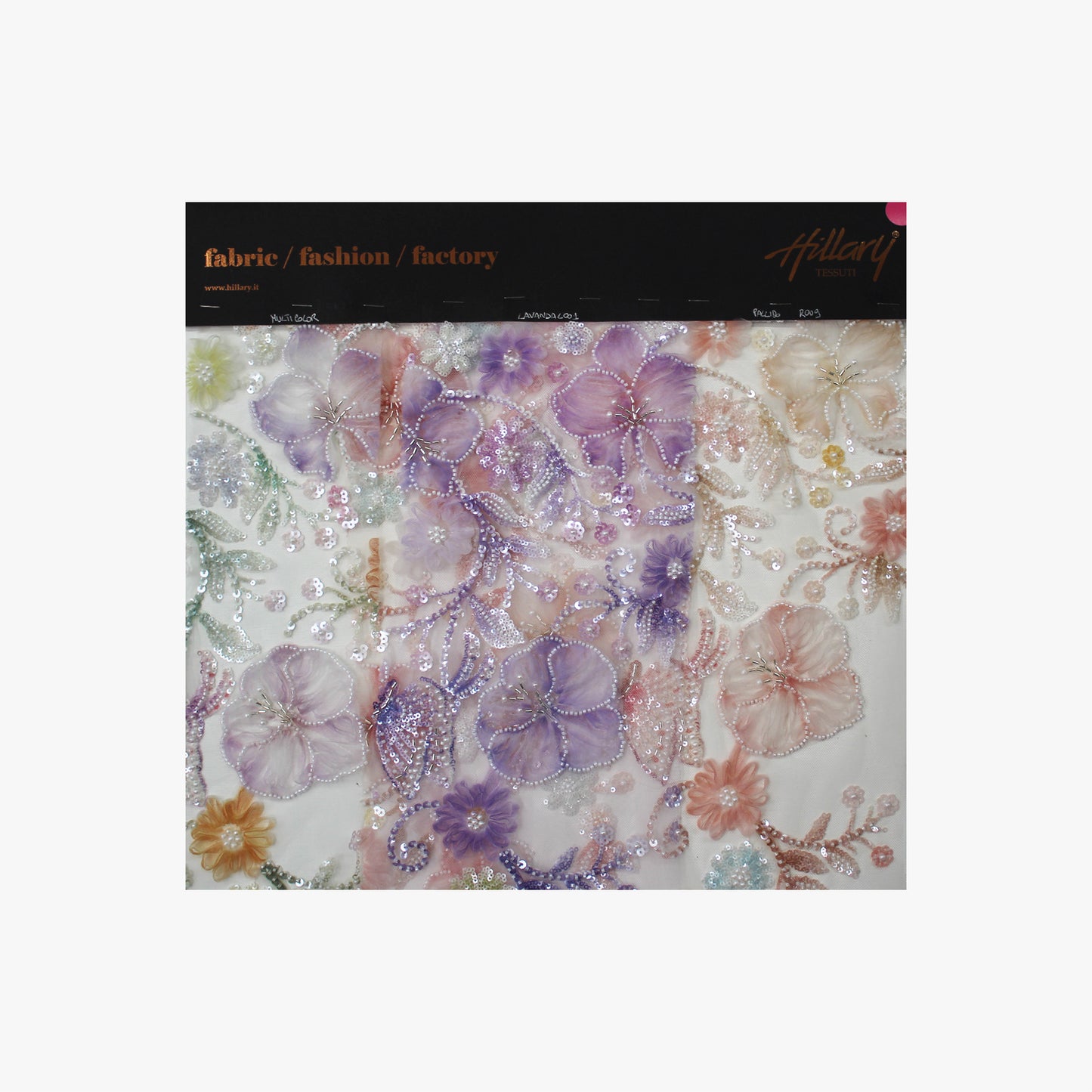 Embroidered Tulle with Tulle Flowers, Beads, Corals, and Multicolor Paillettes
