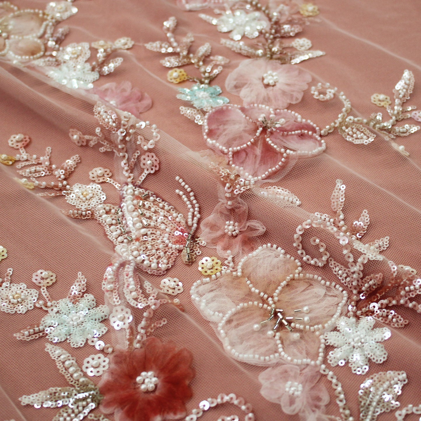 Embroidered Tulle with Tulle Flowers, Beads, Corals, and Multicolor Paillettes