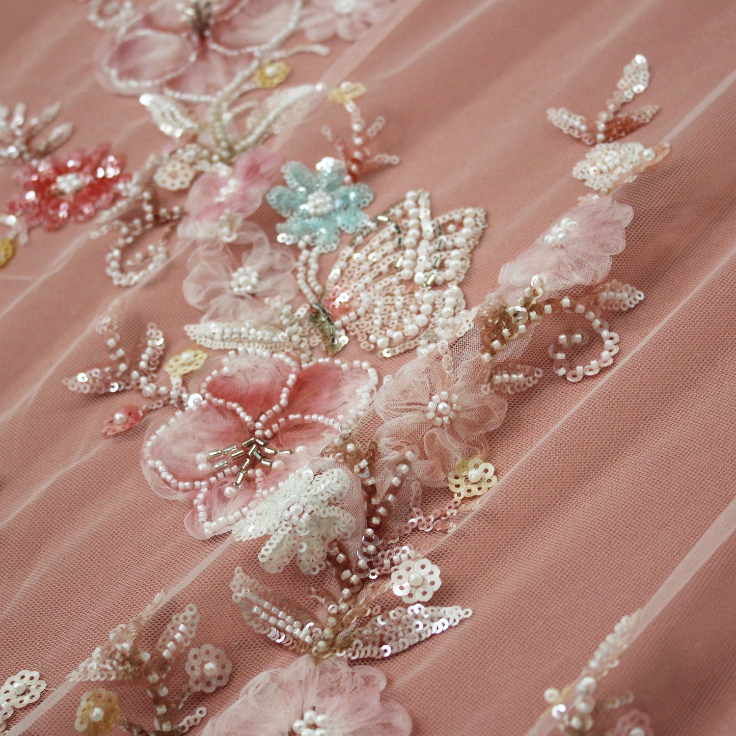 Embroidered Tulle with Tulle Flowers, Beads, Corals, and Multicolor Paillettes