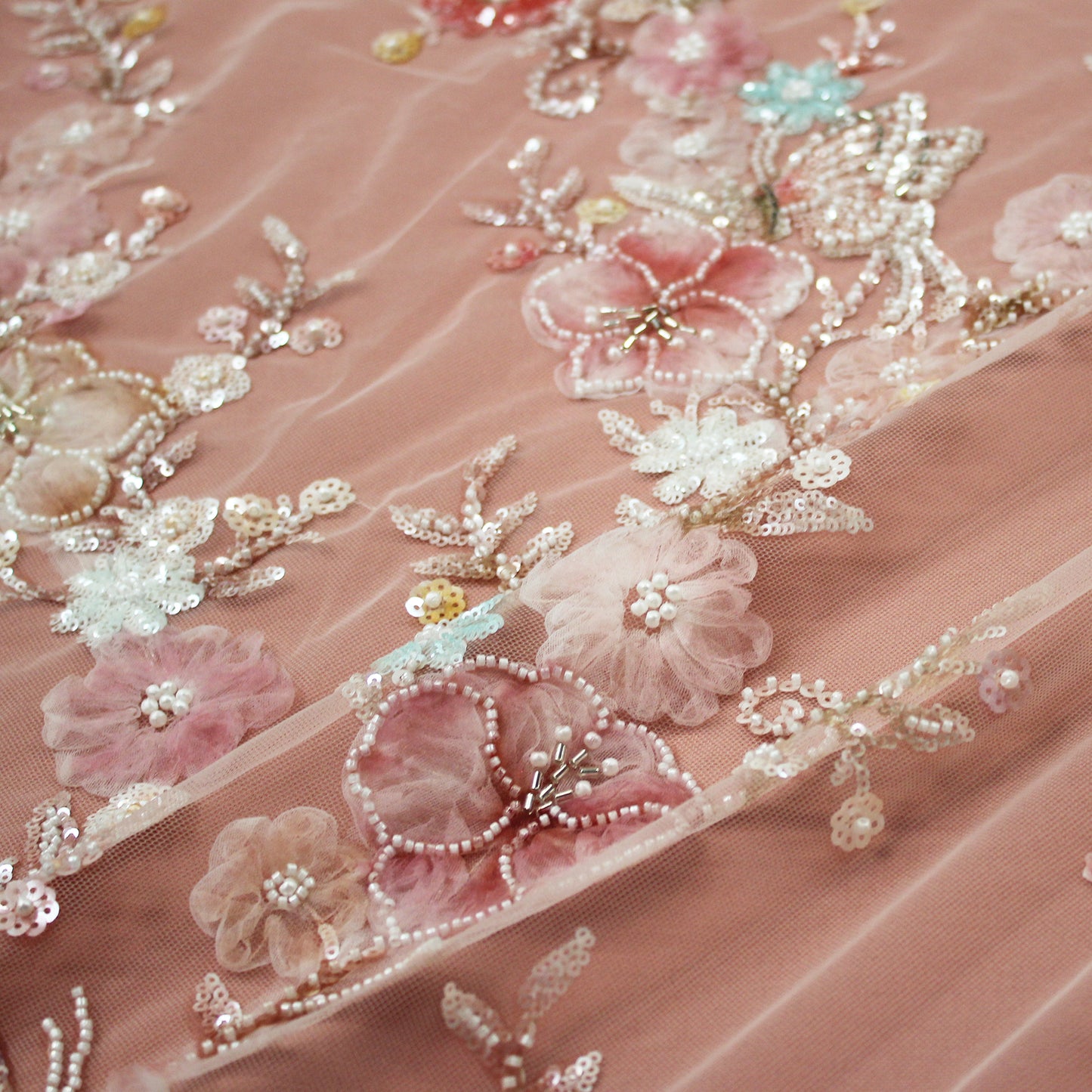 Embroidered Tulle with Tulle Flowers, Beads, Corals, and Multicolor Paillettes