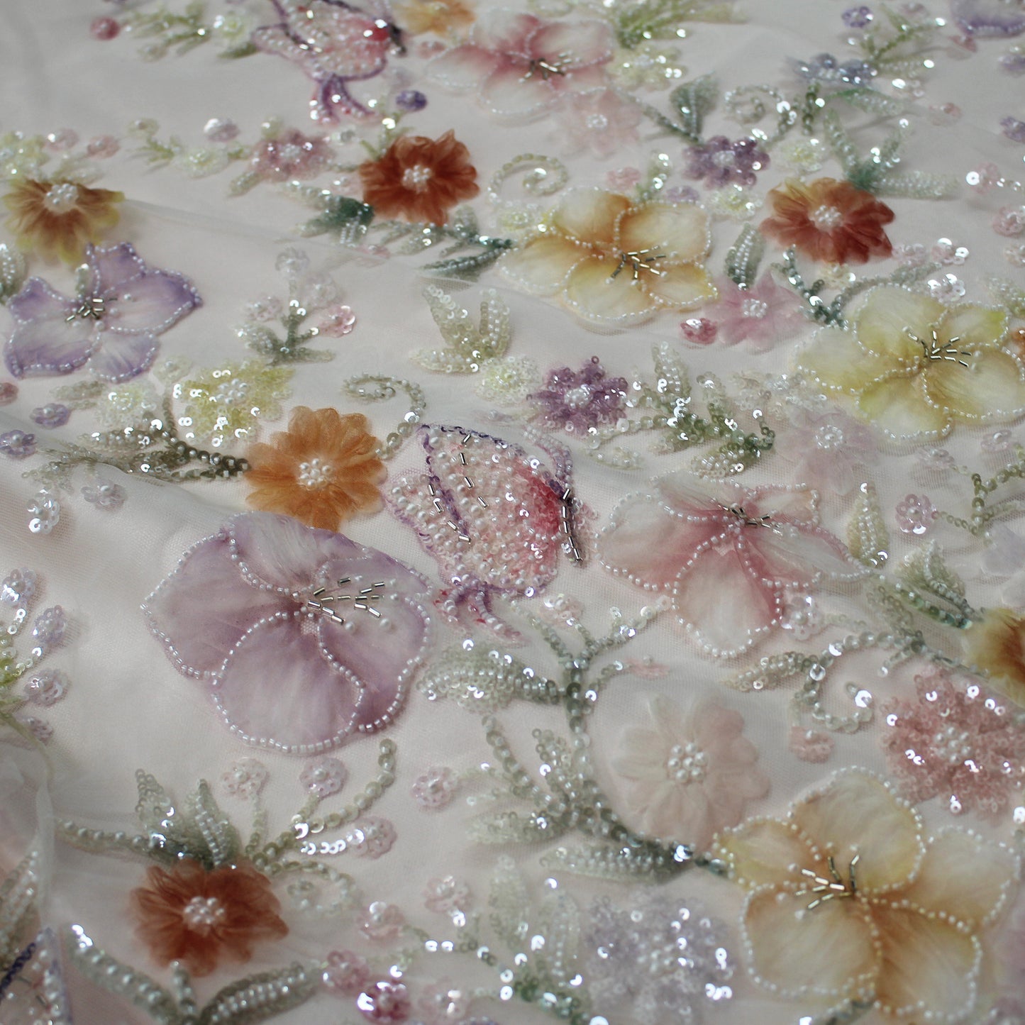 Embroidered Tulle with Tulle Flowers, Beads, Corals, and Multicolor Paillettes
