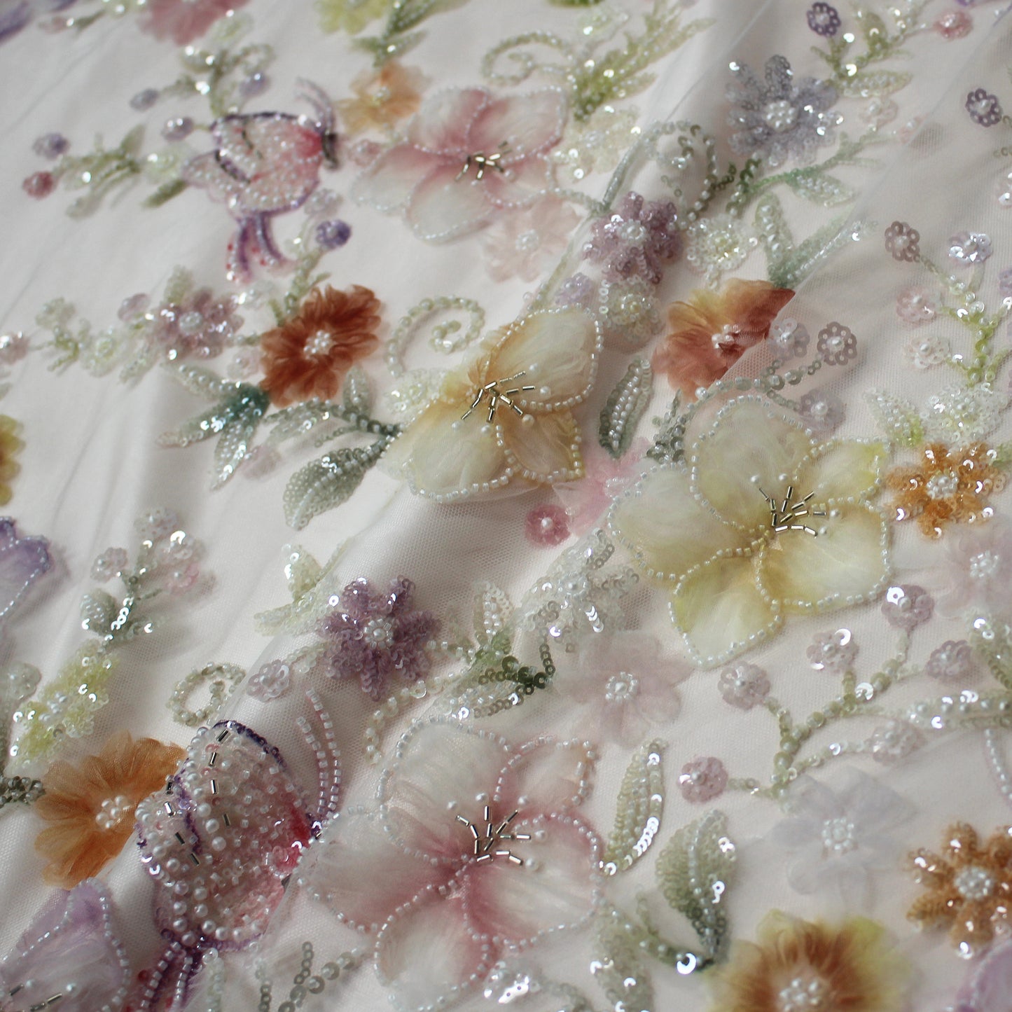Embroidered Tulle with Tulle Flowers, Beads, Corals, and Multicolor Paillettes