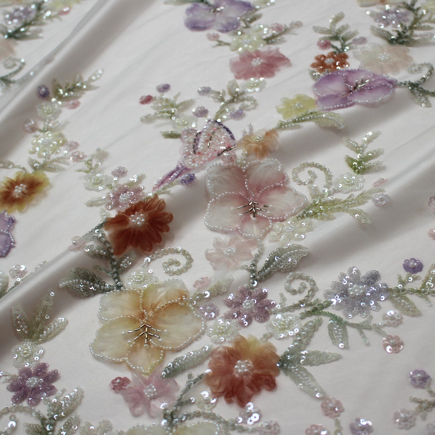 Embroidered Tulle with Tulle Flowers, Beads, Corals, and Multicolor Paillettes