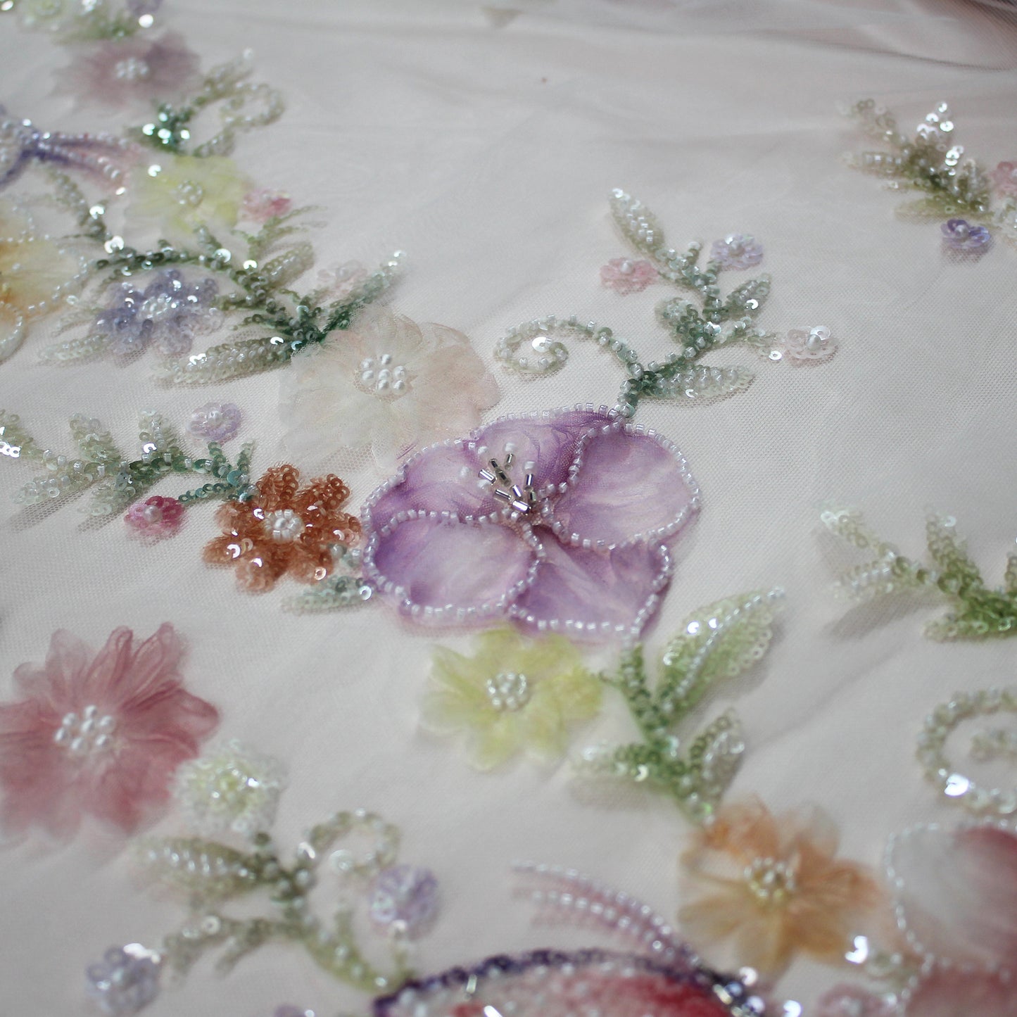 Embroidered Tulle with Tulle Flowers, Beads, Corals, and Multicolor Paillettes
