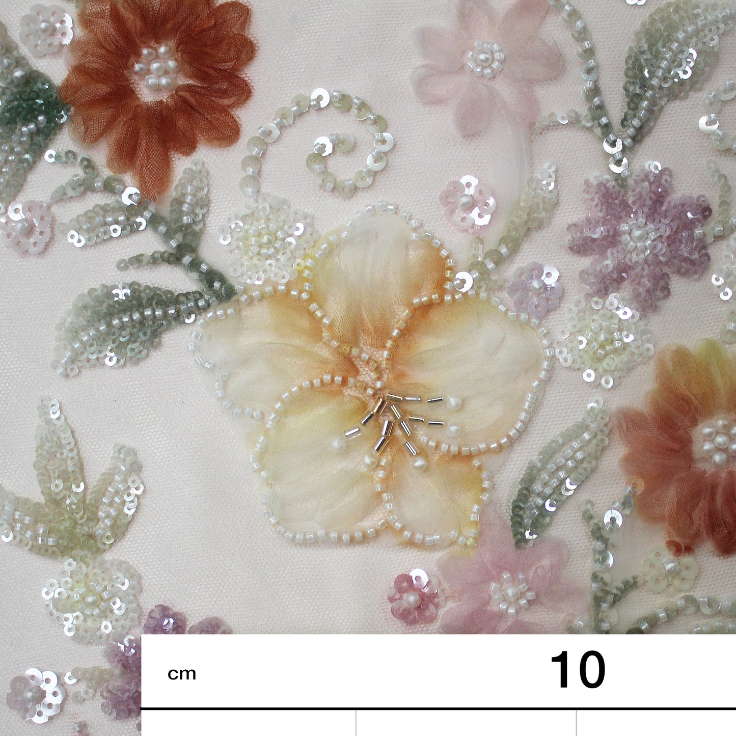 Embroidered Tulle with Tulle Flowers, Beads, Corals, and Multicolor Paillettes