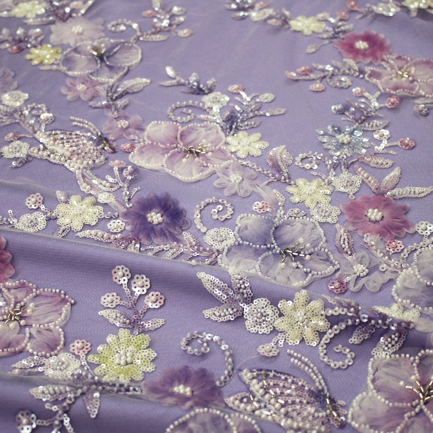 Embroidered Tulle with Tulle Flowers, Beads, Corals, and Multicolor Paillettes