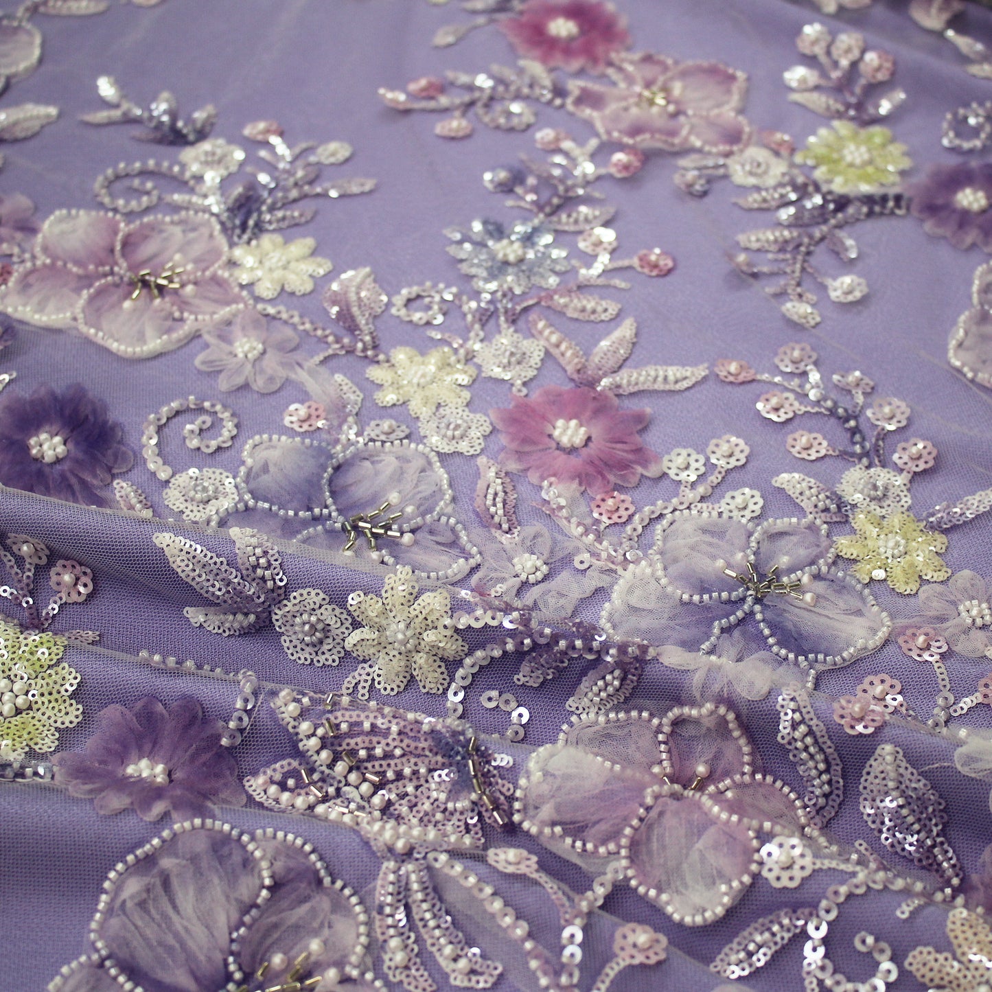 Embroidered Tulle with Tulle Flowers, Beads, Corals, and Multicolor Paillettes