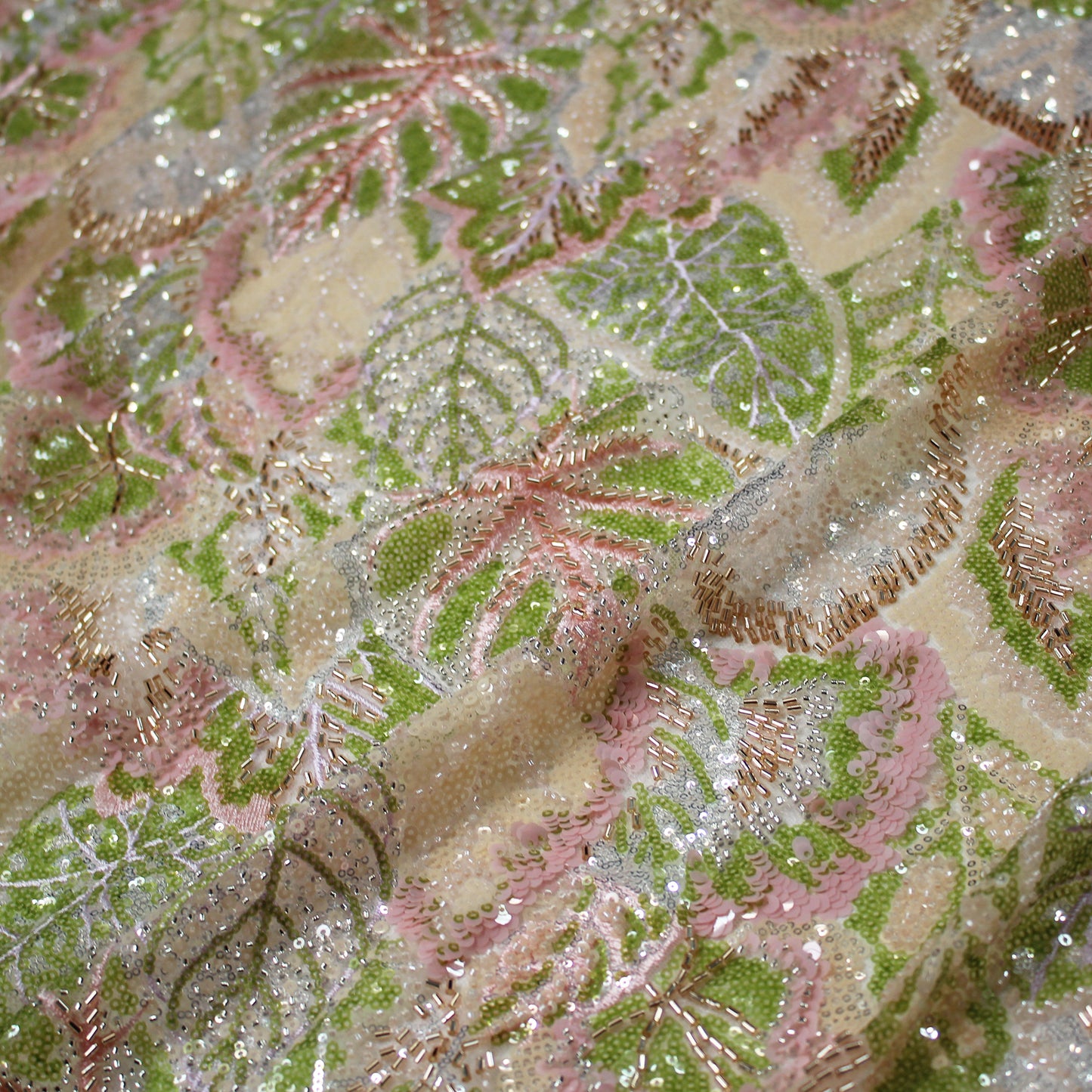 Embroidered Tulle with Full-Field Leaves, Multicolor Paillettes, and Corals
