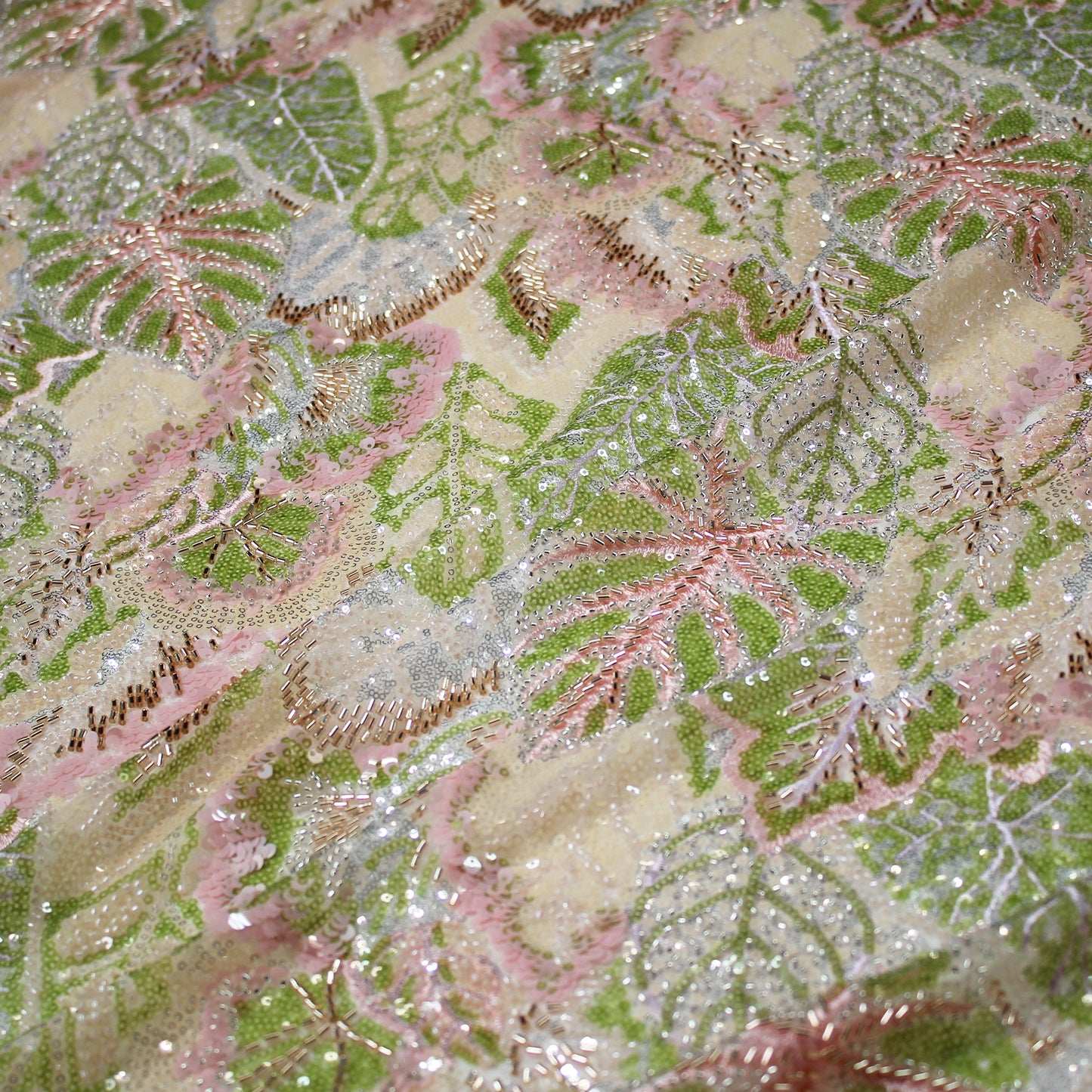 Embroidered Tulle with Full-Field Leaves, Multicolor Paillettes, and Corals