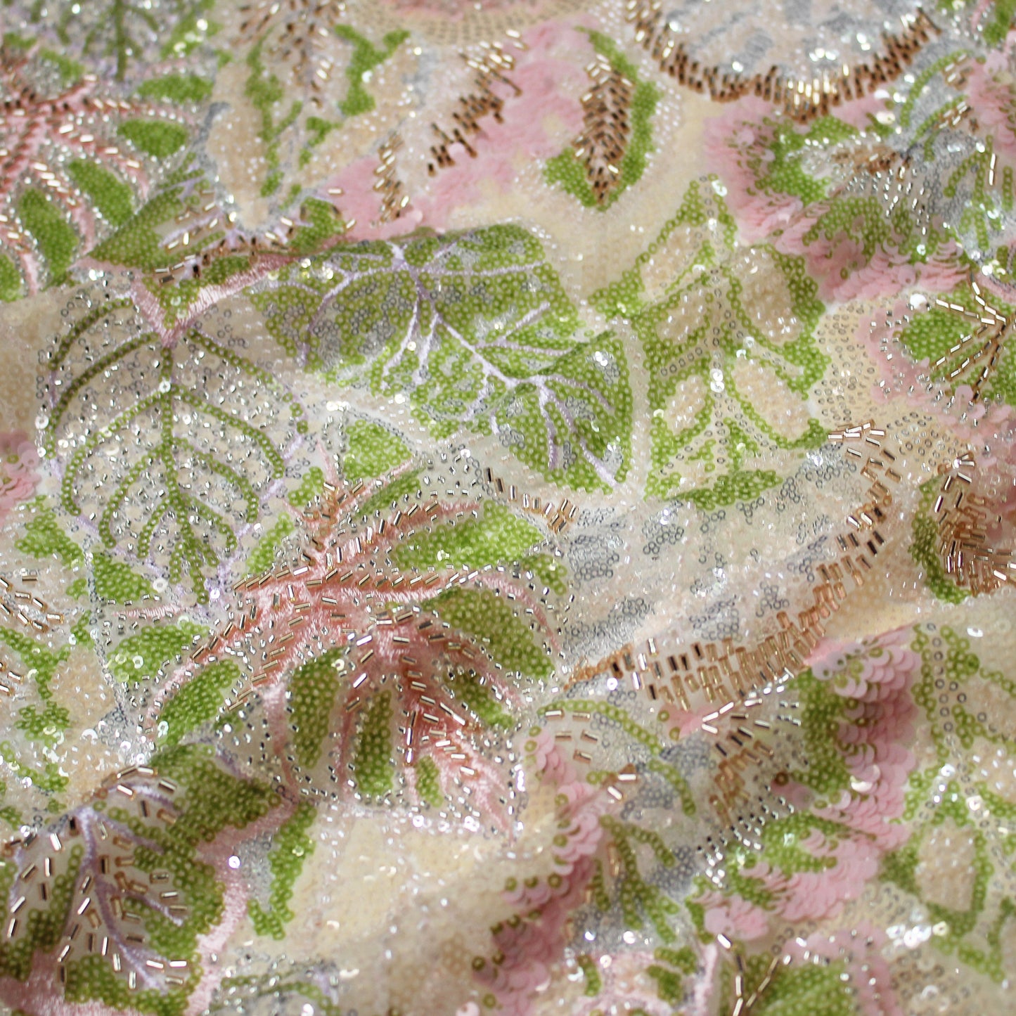 Embroidered Tulle with Full-Field Leaves, Multicolor Paillettes, and Corals