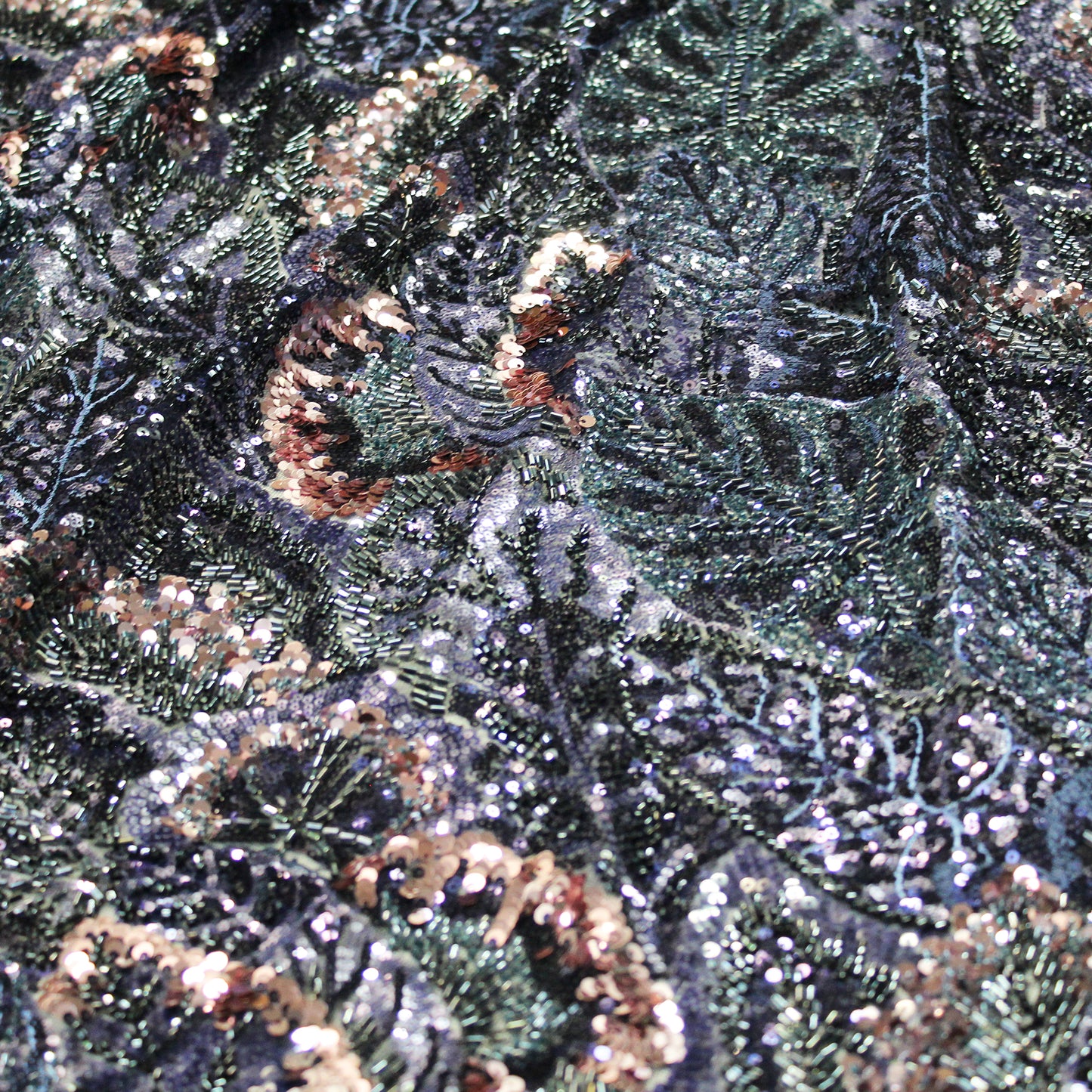 Embroidered Tulle with Full-Field Leaves, Multicolor Paillettes, and Corals