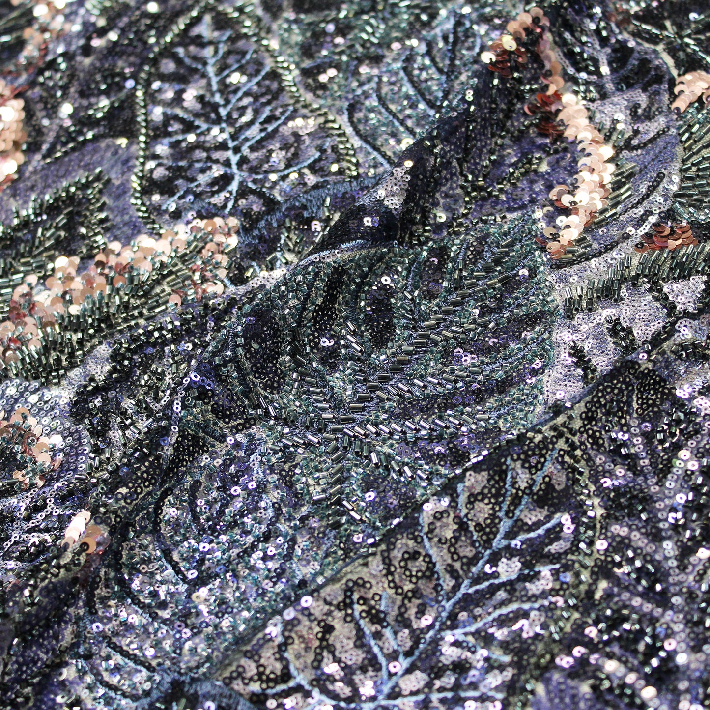 Embroidered Tulle with Full-Field Leaves, Multicolor Paillettes, and Corals