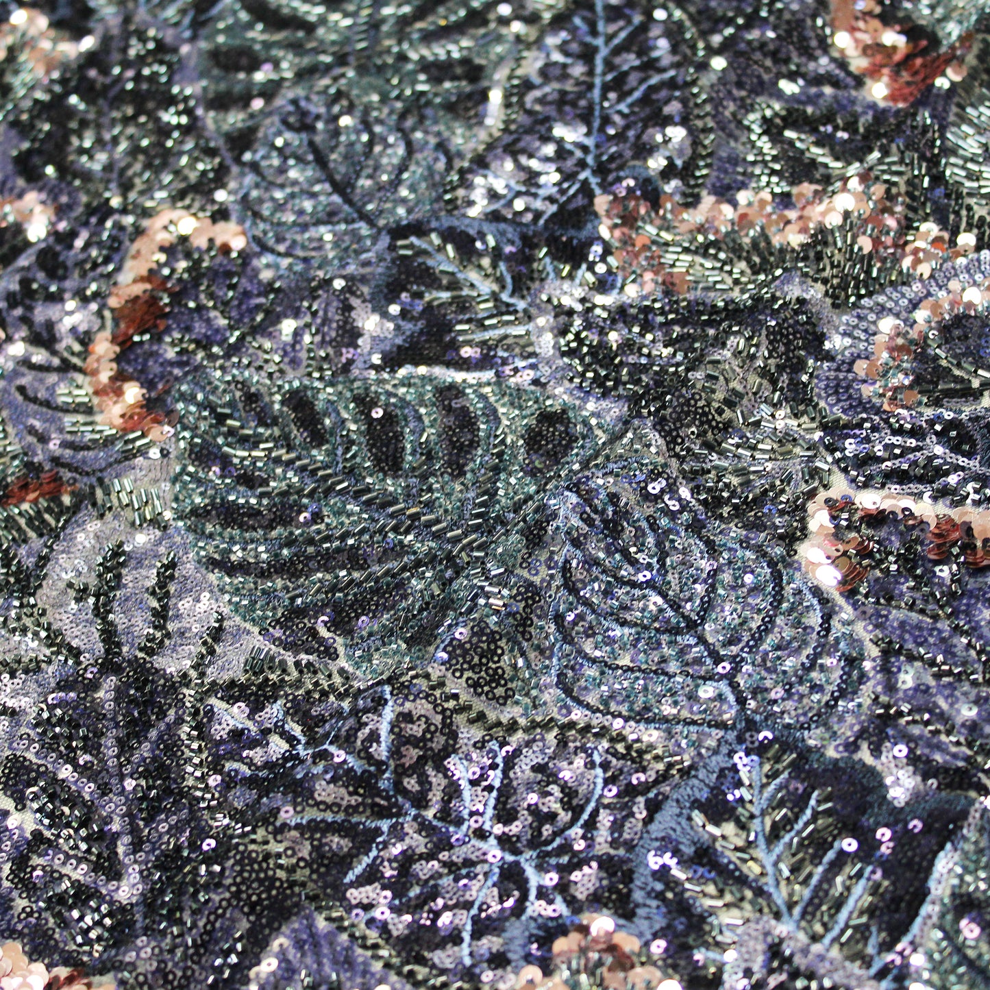 Embroidered Tulle with Full-Field Leaves, Multicolor Paillettes, and Corals
