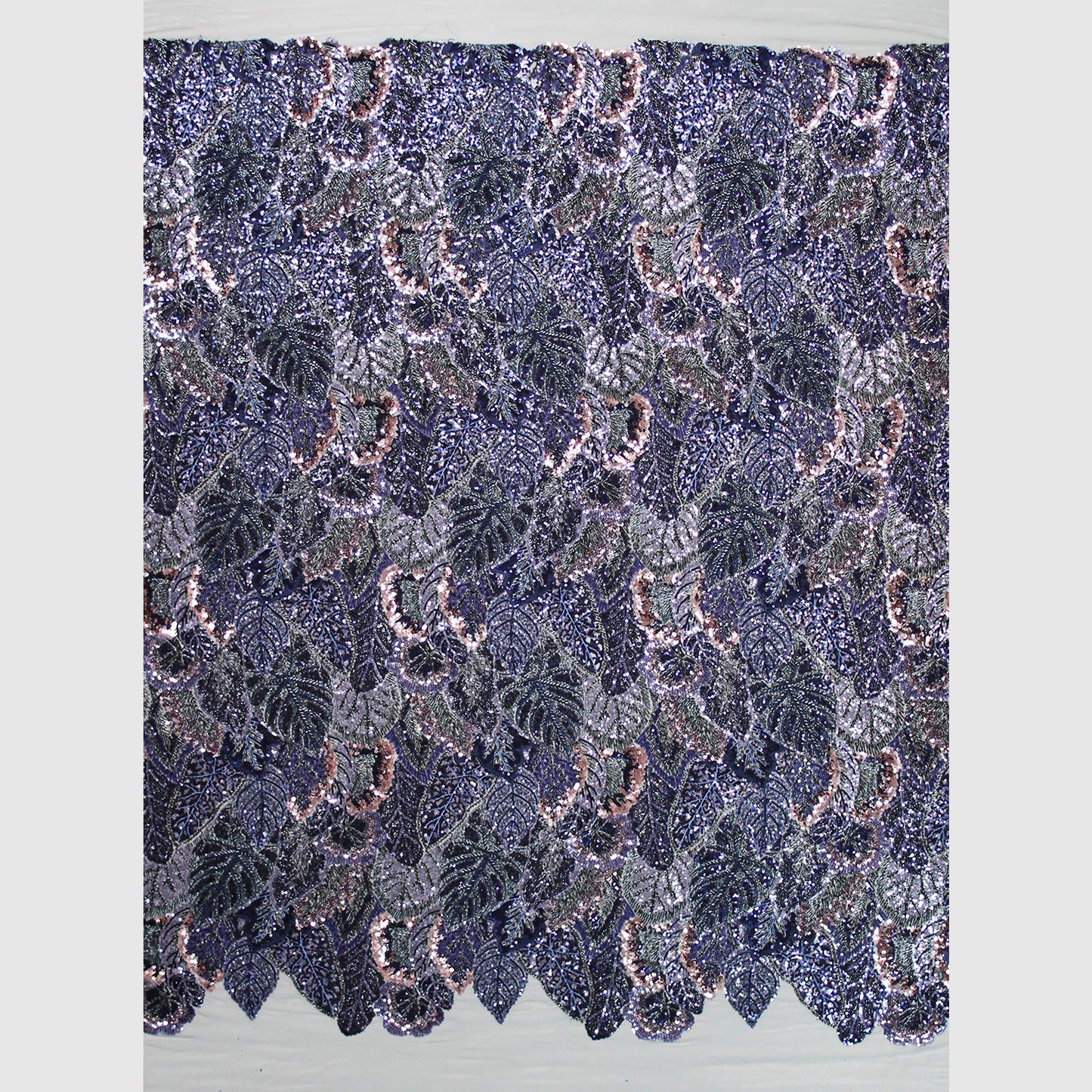 Embroidered Tulle with Full-Field Leaves, Multicolor Paillettes, and Corals