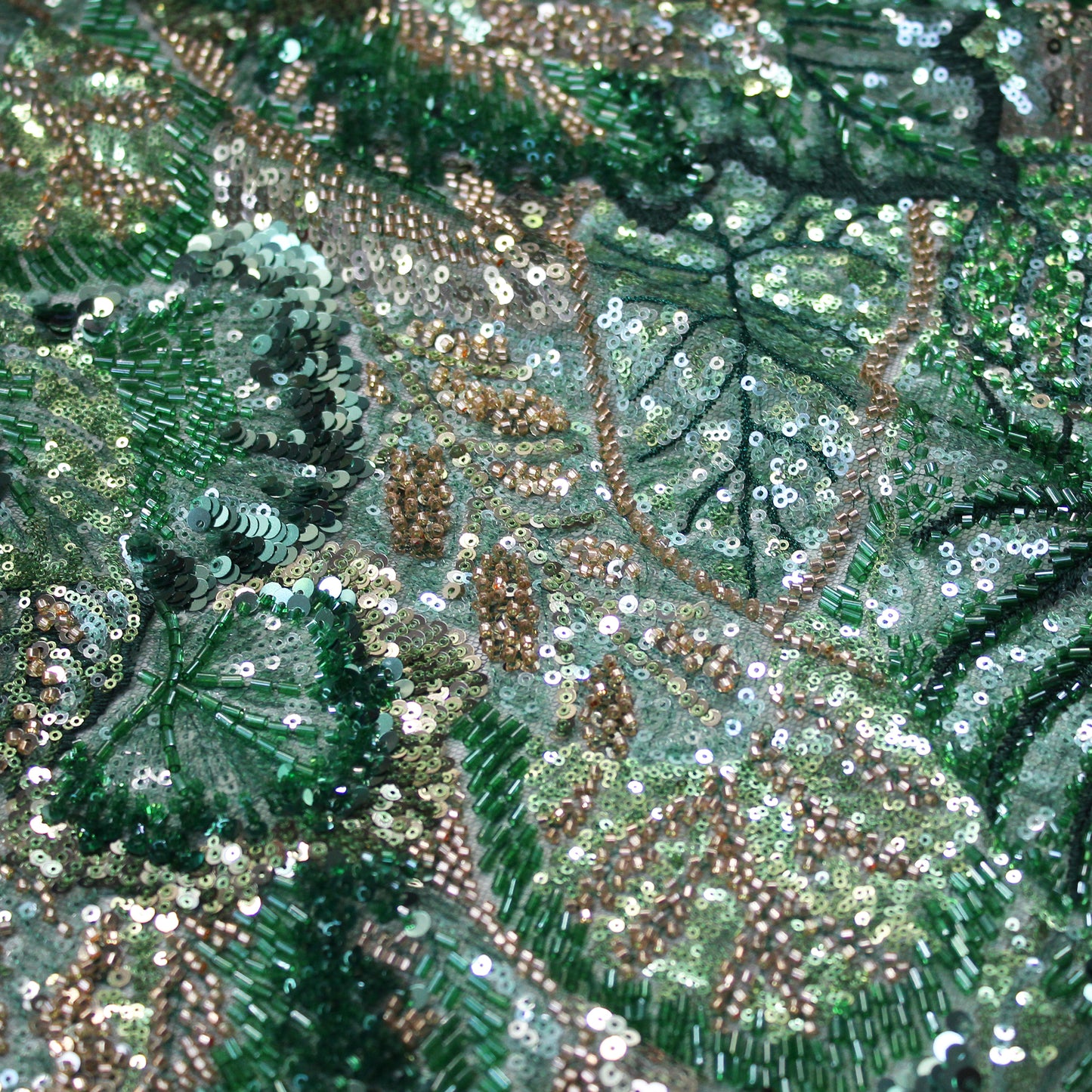 Embroidered Tulle with Full-Field Leaves, Multicolor Paillettes, and Corals