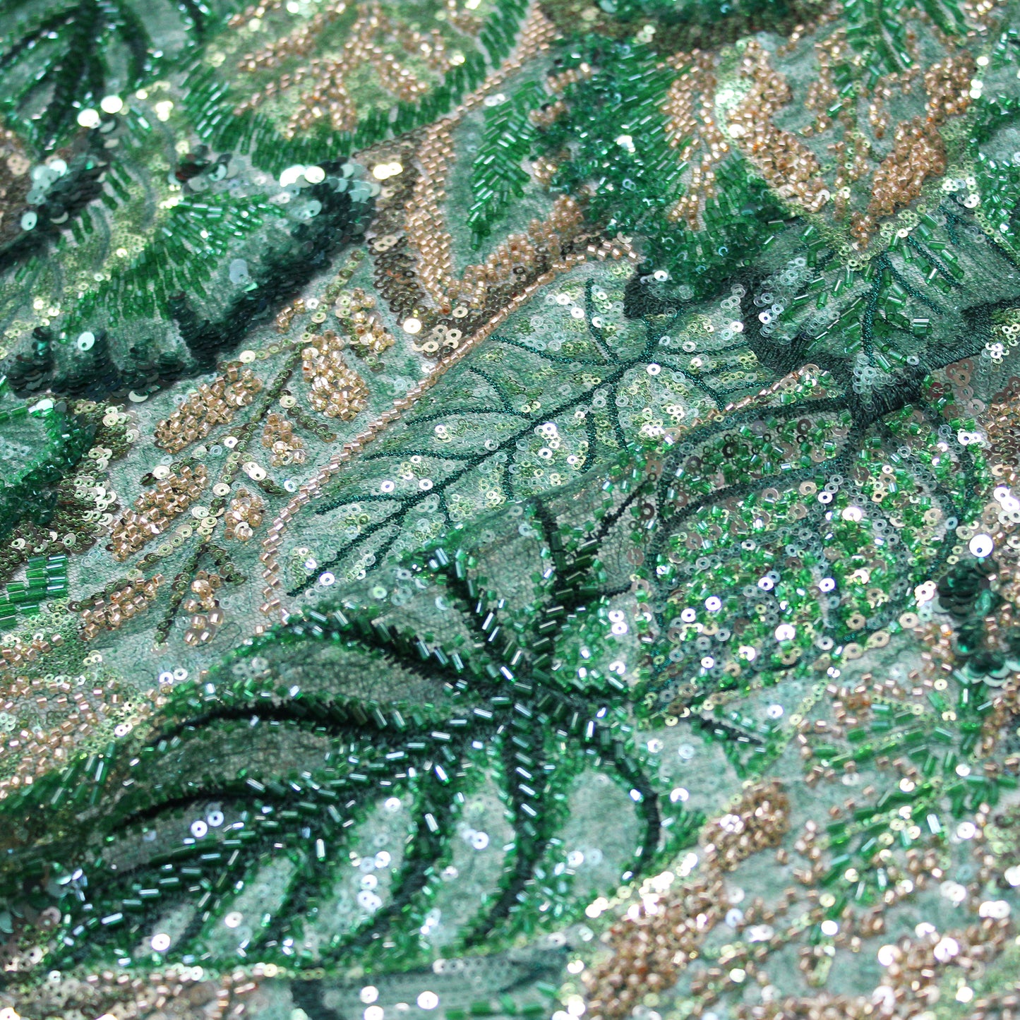 Embroidered Tulle with Full-Field Leaves, Multicolor Paillettes, and Corals