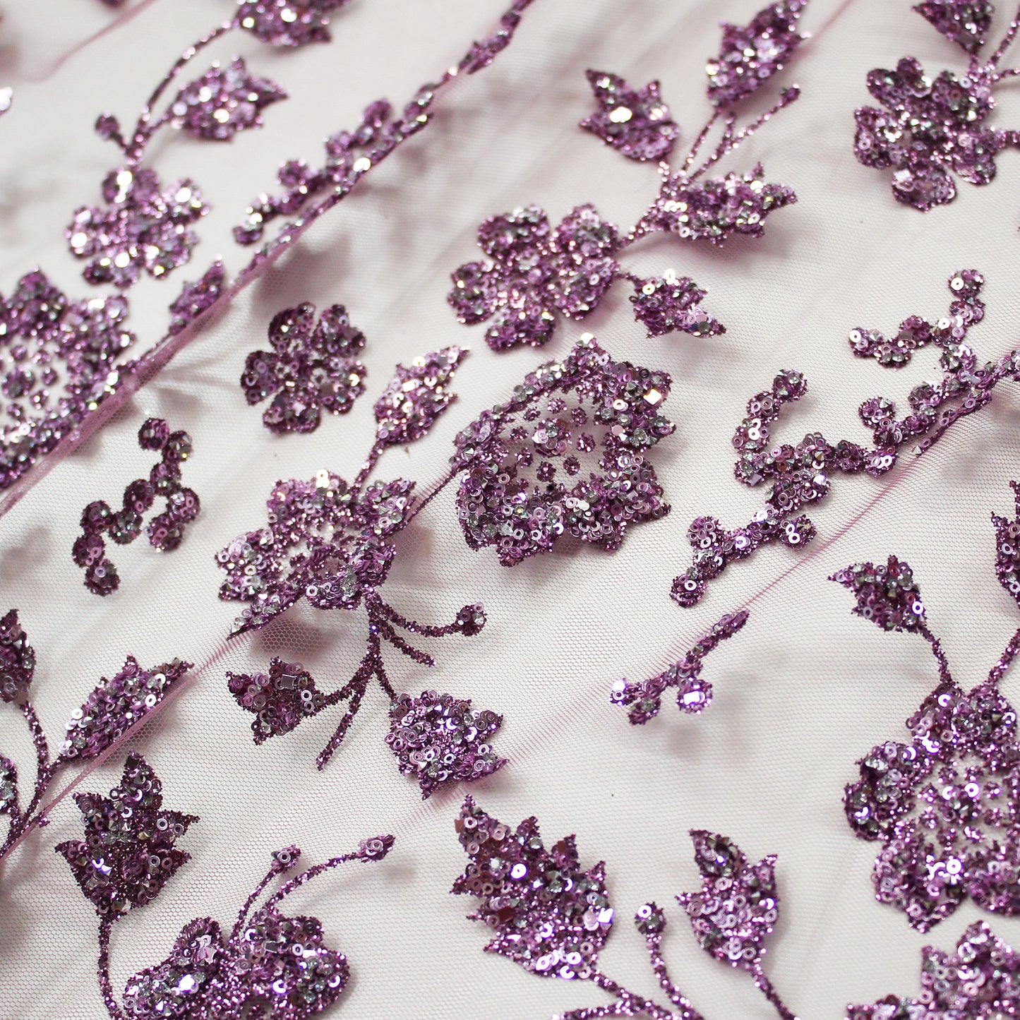 Tulle Ricamato Glitter con Fiori in Paillettes 3D