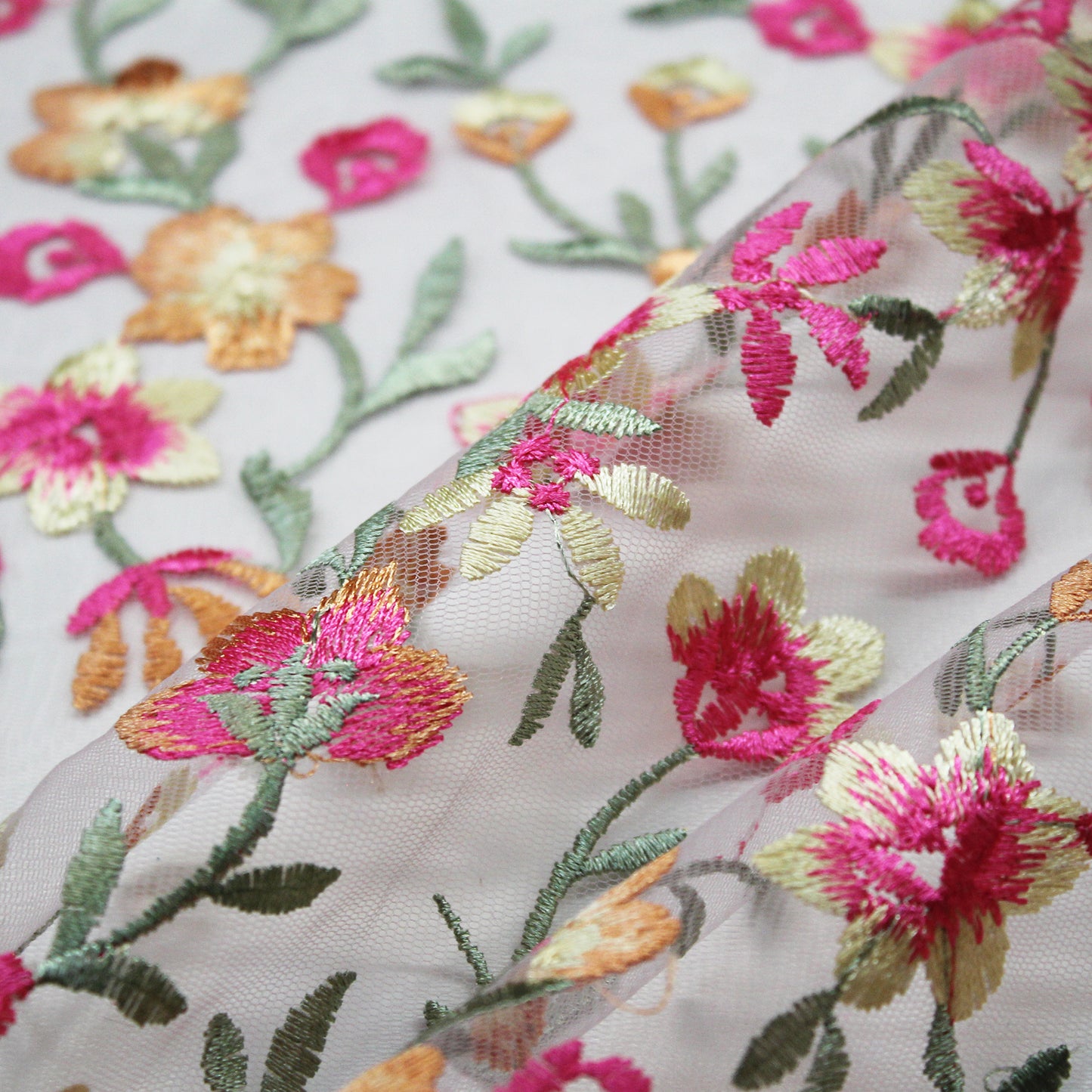 Embroidered Nude Tulle With Yellow and Fuchsia Flowers