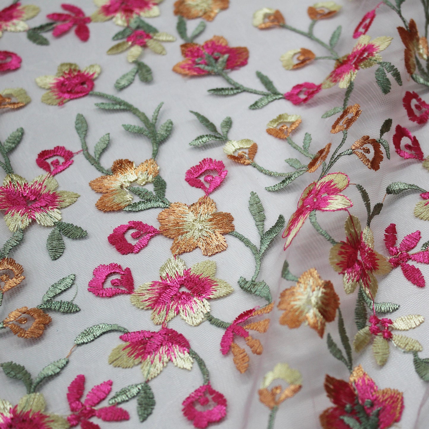 Embroidered Nude Tulle With Yellow and Fuchsia Flowers