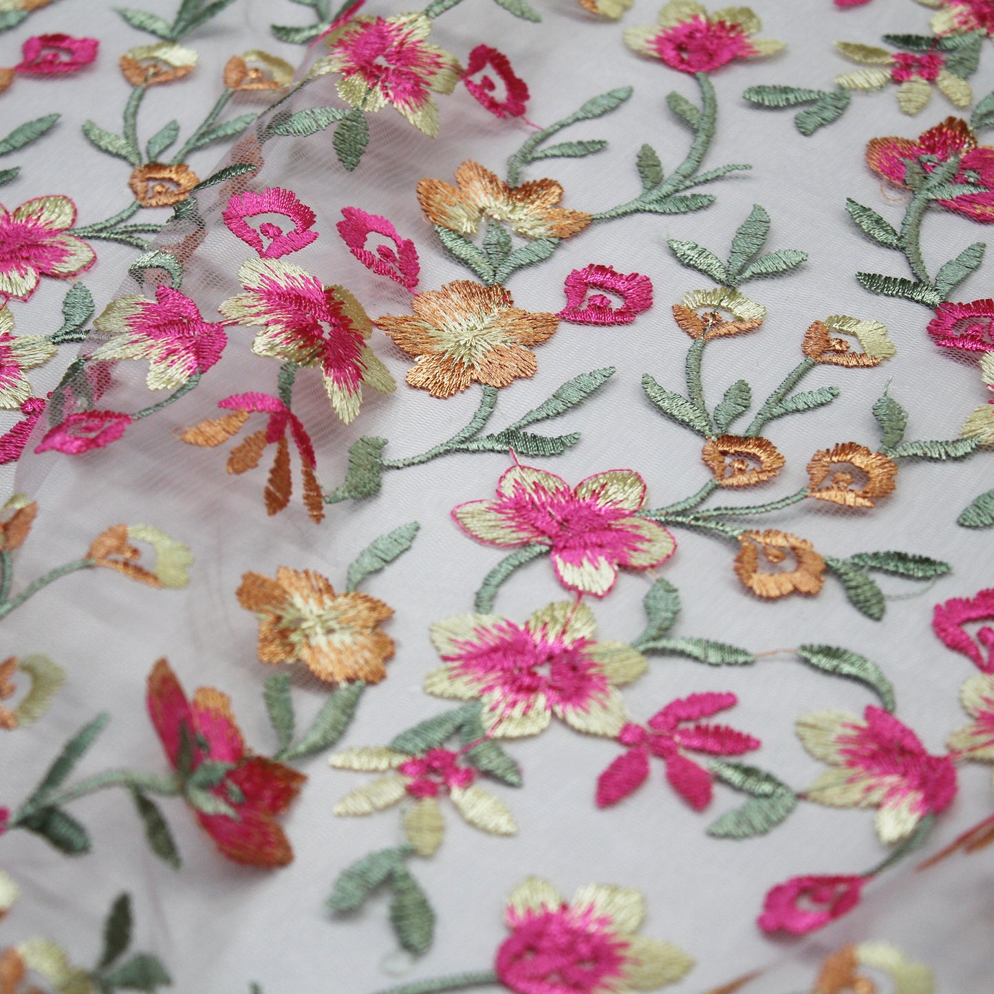 Embroidered Nude Tulle With Yellow and Fuchsia Flowers