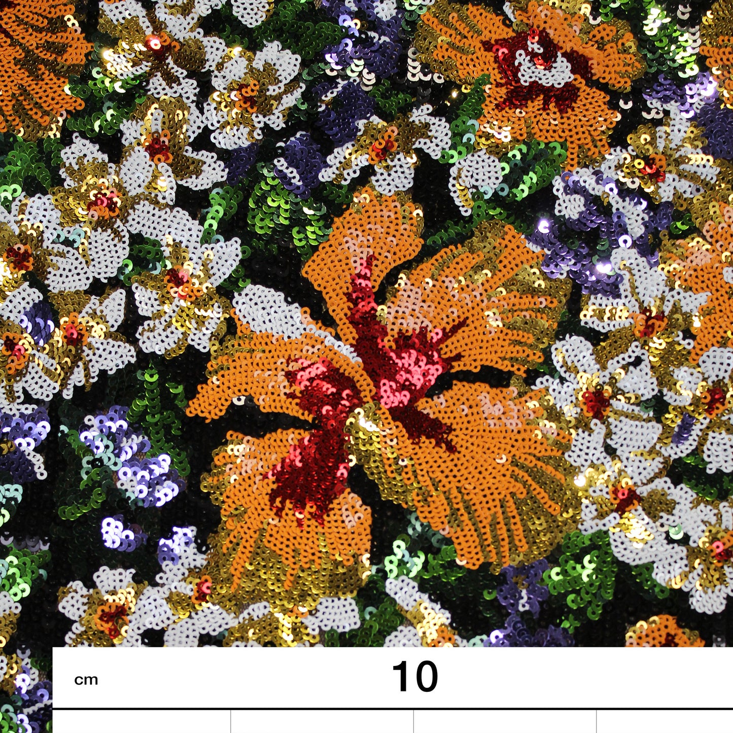 Tulle ricamato con paillettes e fiori arancio