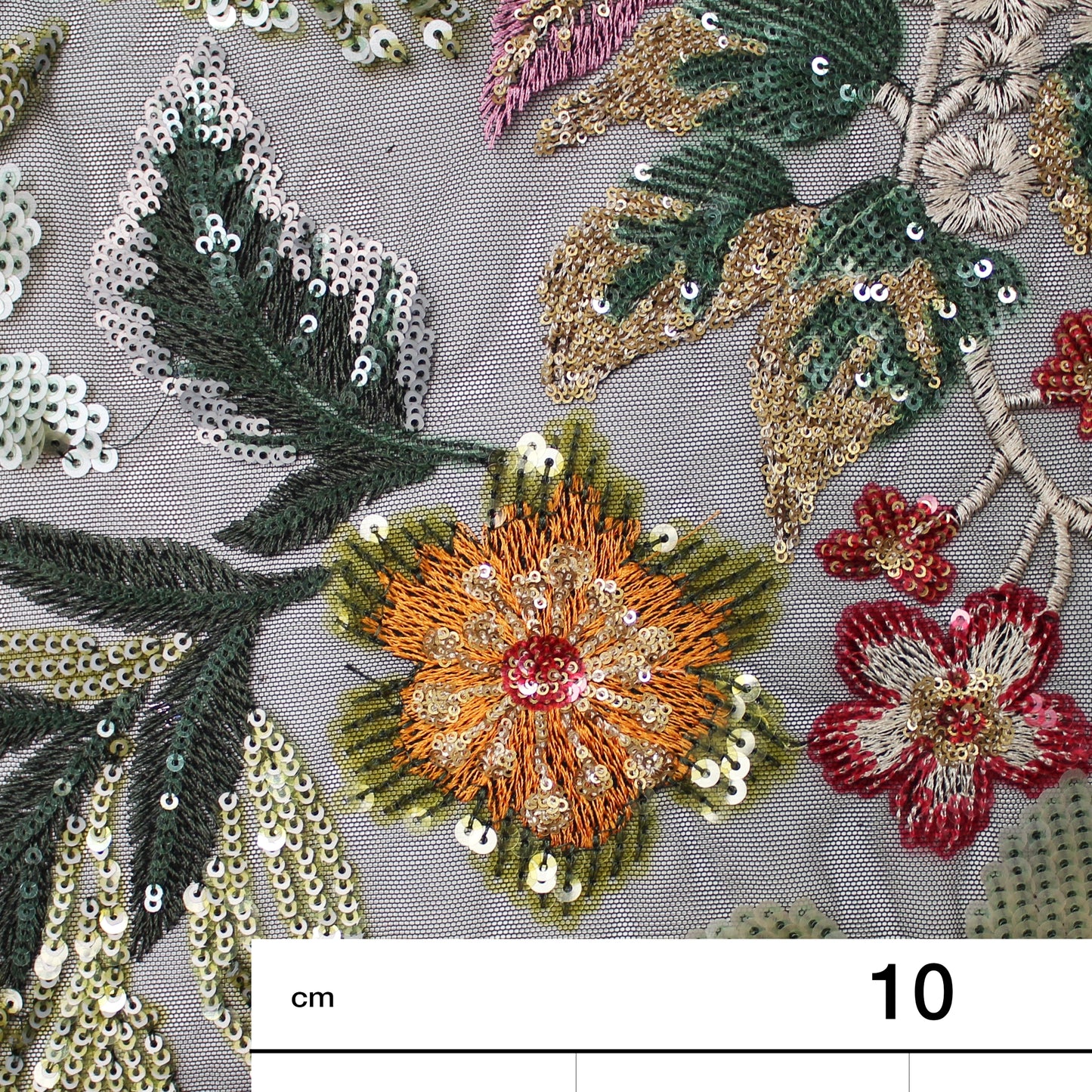 Tulle Ricamato Paillettes con Fiori e Piante Multicolor