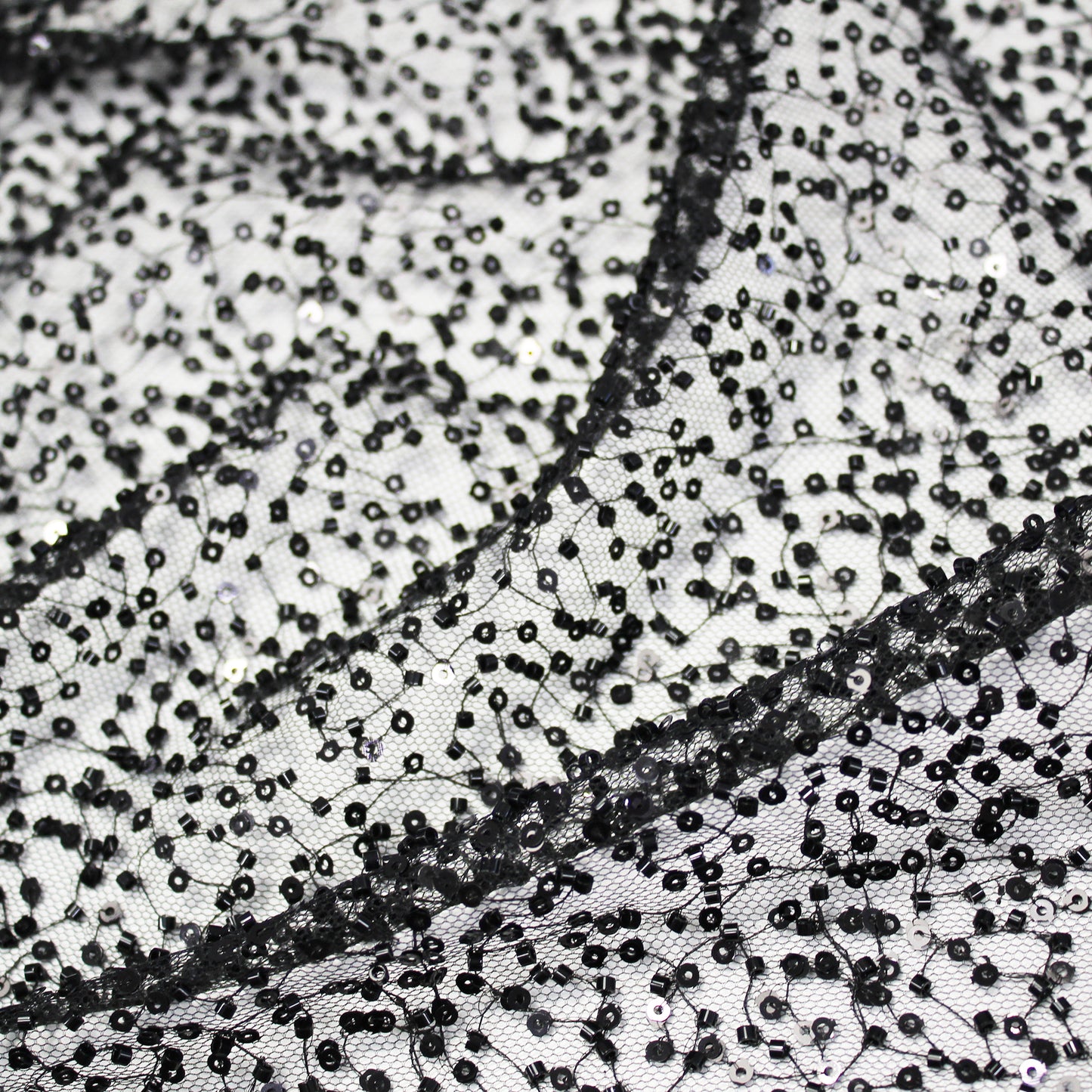 Tulle Ricamato con Paillettes e Perline a Campo Pieno