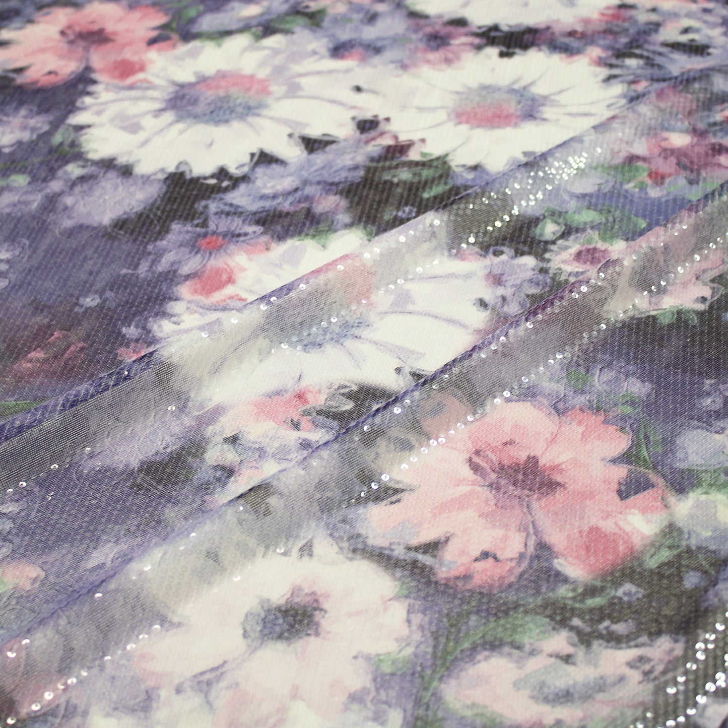 Embroidered Tulle with Paillettes and Large White & Purple Floral Print