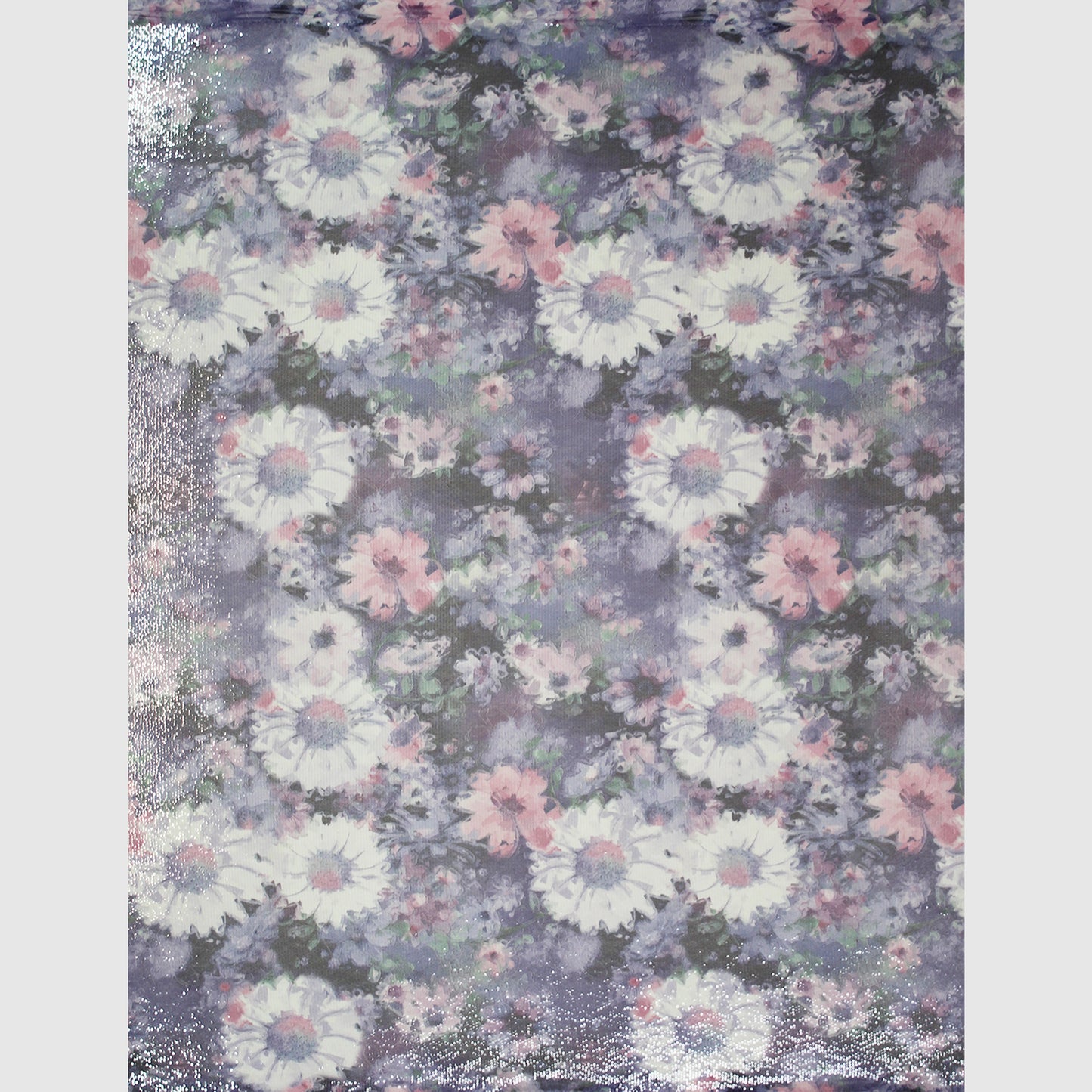 Embroidered Tulle with Paillettes and Large White & Purple Floral Print