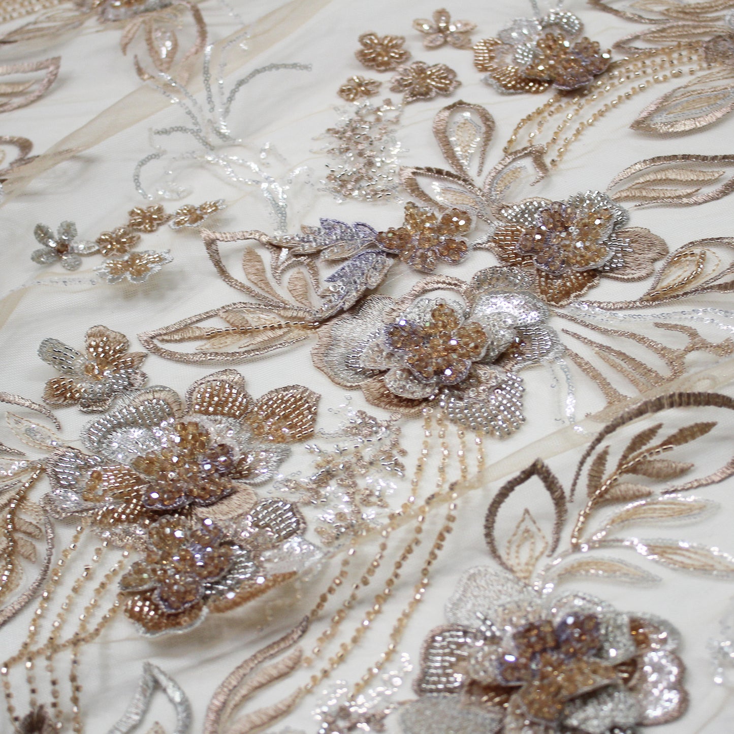 Embroidered Tulle with 3D Floral Petals, Paillettes, Beads, and Corals