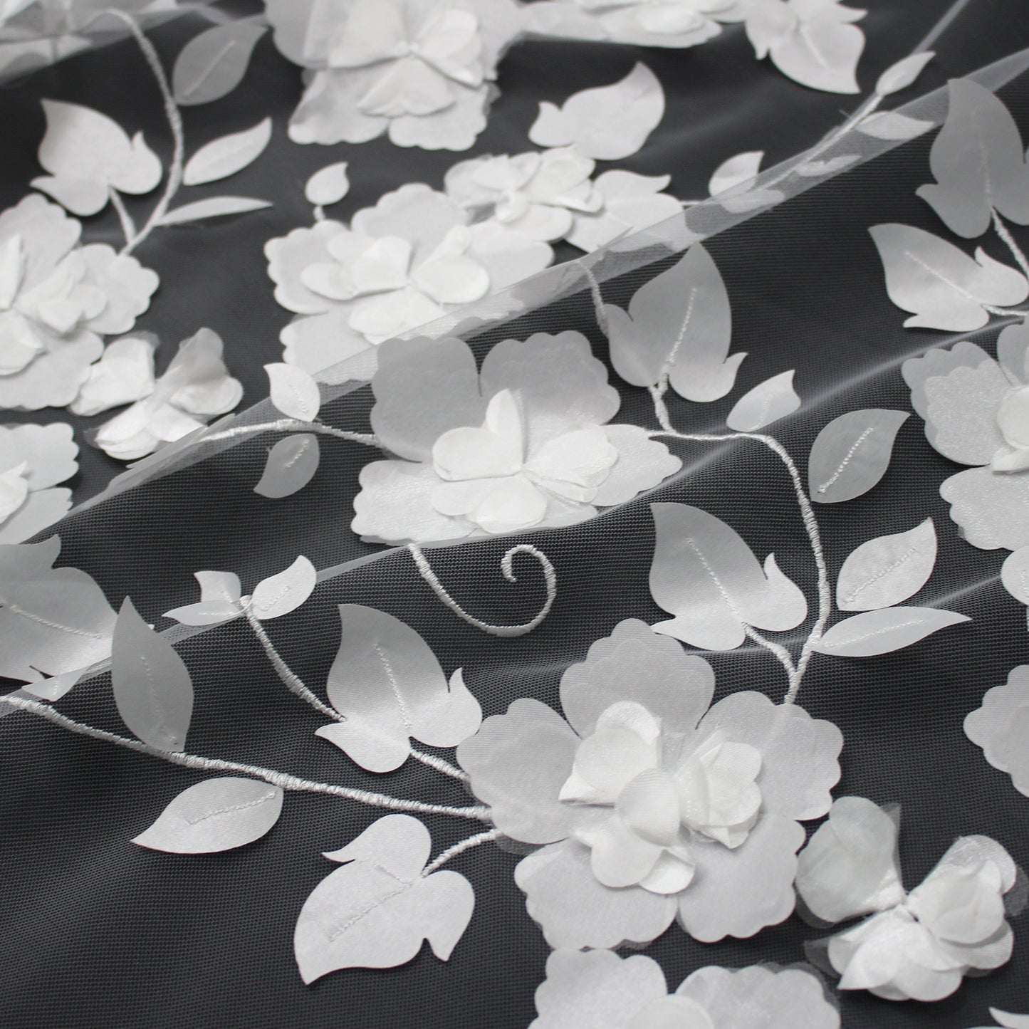 Embroidered Tulle with 3D Organza Roses and Leaves