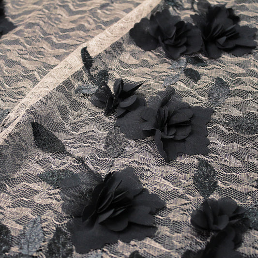 Nude Embroidered Lace with 3D Georgette Flowers