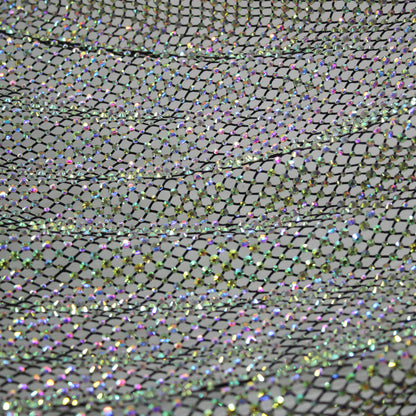 Rete Nera con Strass Tondi Multiforme Arcobaleno con Trama a Fasce Diagonali