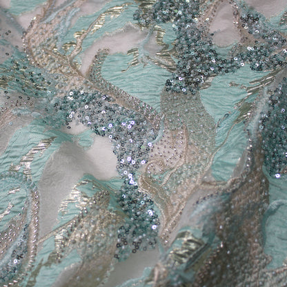 Tessuto Broccato con Motivo Astratto, Paillettes e Perline