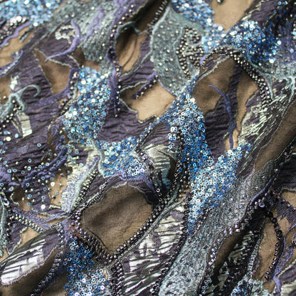 Tessuto Broccato con Motivo Astratto, Paillettes e Perline