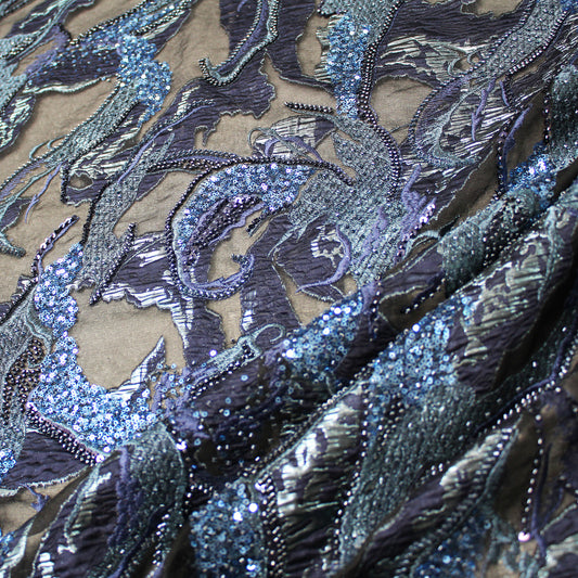 Tessuto Broccato con Motivo Astratto, Paillettes e Perline