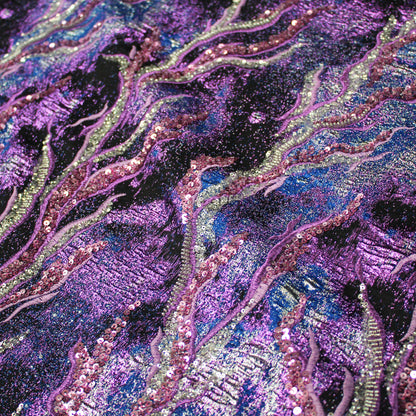 Tessuto Broccato Ricamato con Coralli e Paillettes Effetto Ramato