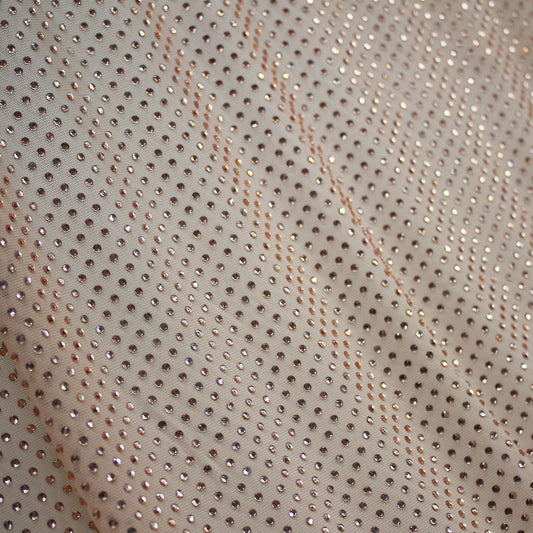 Tulle Elasticizzato Ricamato con Strass Tono su Tono, Campo Pieno