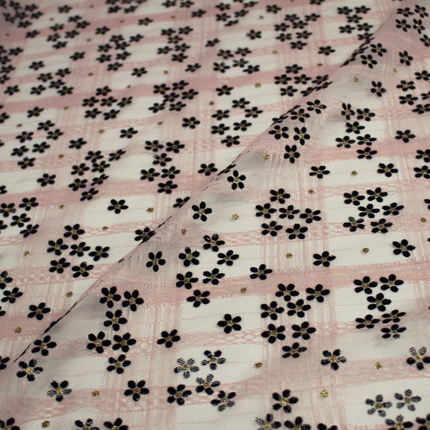 Tulle Flock Fiori con Glitter Oro e Ricamo Effetto Nastro