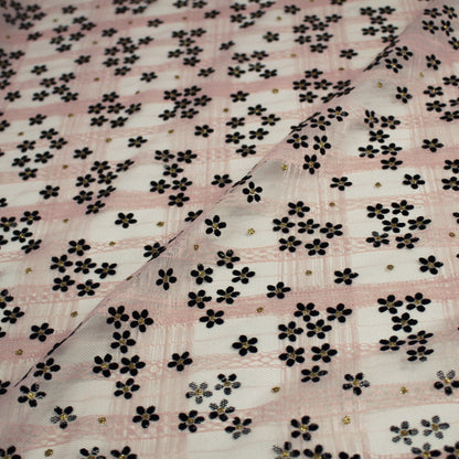 Tulle Flock Fiori con Glitter Oro e Ricamo Effetto Nastro