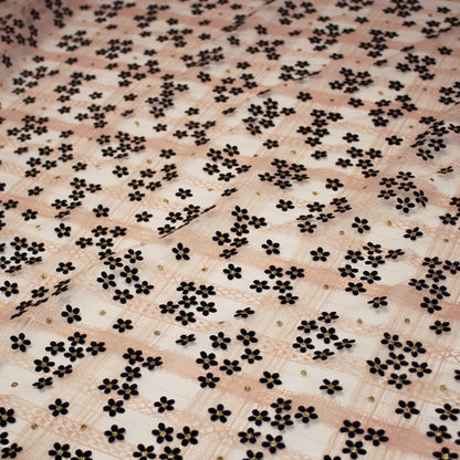 Tulle Flock Fiori con Glitter Oro e Ricamo Effetto Nastro